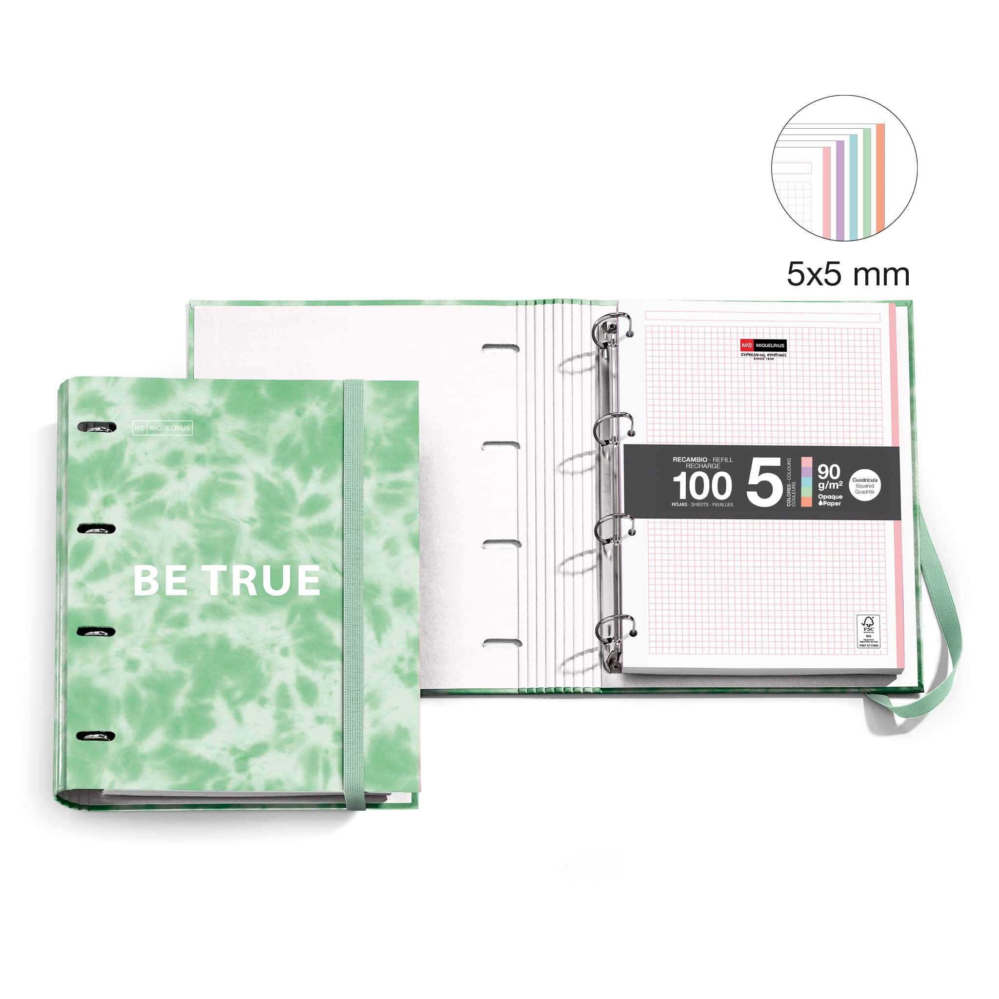 Classeur 4 Anneaux Miquelrius Carpebloc + 100 Feuilles A4 Quadrillage 5 Mm - Papier 90 G/m² - Fermeture élastique, Rose Fluo