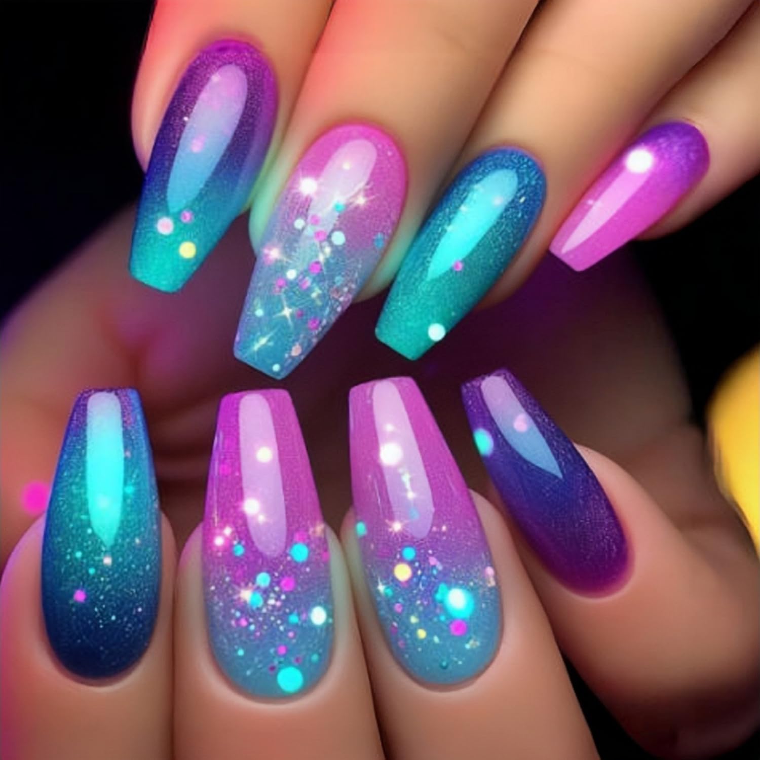 Press on Nails Medium Ballet Shaped Purple Gradient Glitter