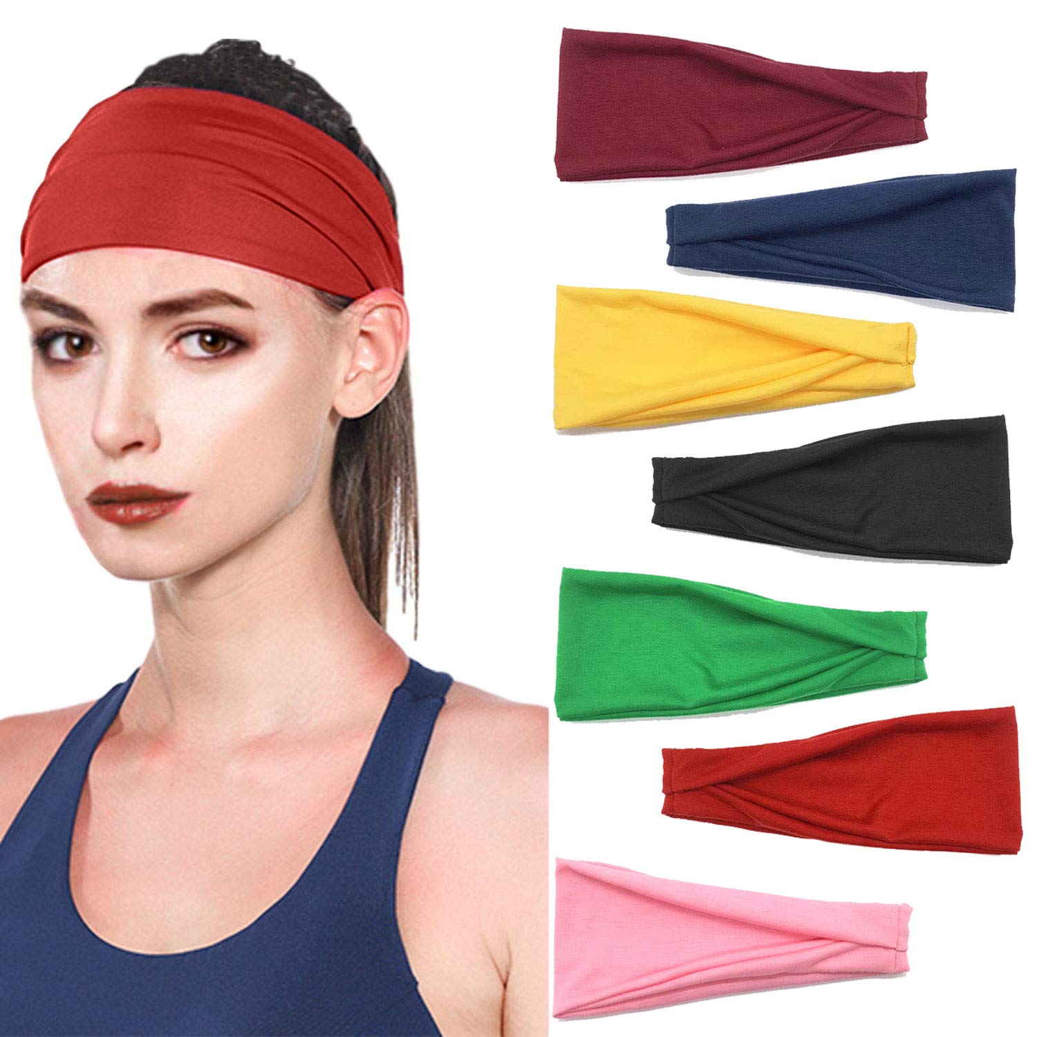 Headbands for Women, 7 Pack Elastic Workout Headbands Non Slip Yoga Running Sports Cotton Headbands for Turban Wide Head Wrap