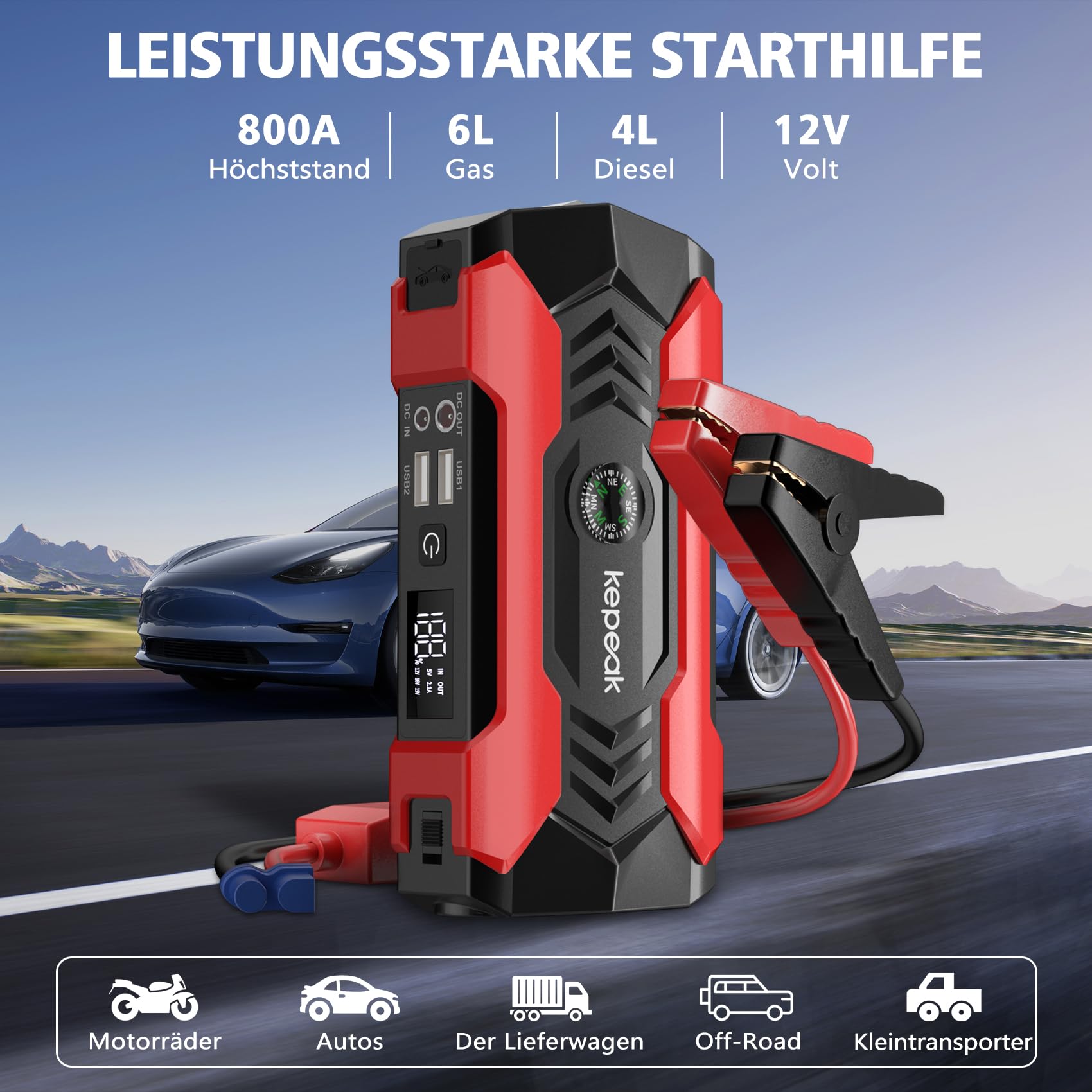 Booster Batterie Voiture 2000A, Pinces de Sûreté Intelligentes, Sorties