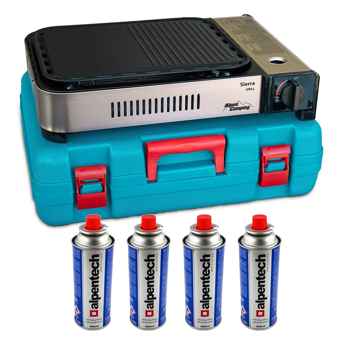 ALPEN - Plancha/Grill Gaz Portable Multifonction 2100W, Allumage Piézo + 4 cartouches, Répartition Uniforme, Récupérateur Graisse, Mallette Transport Inclus - Balcon, Camping