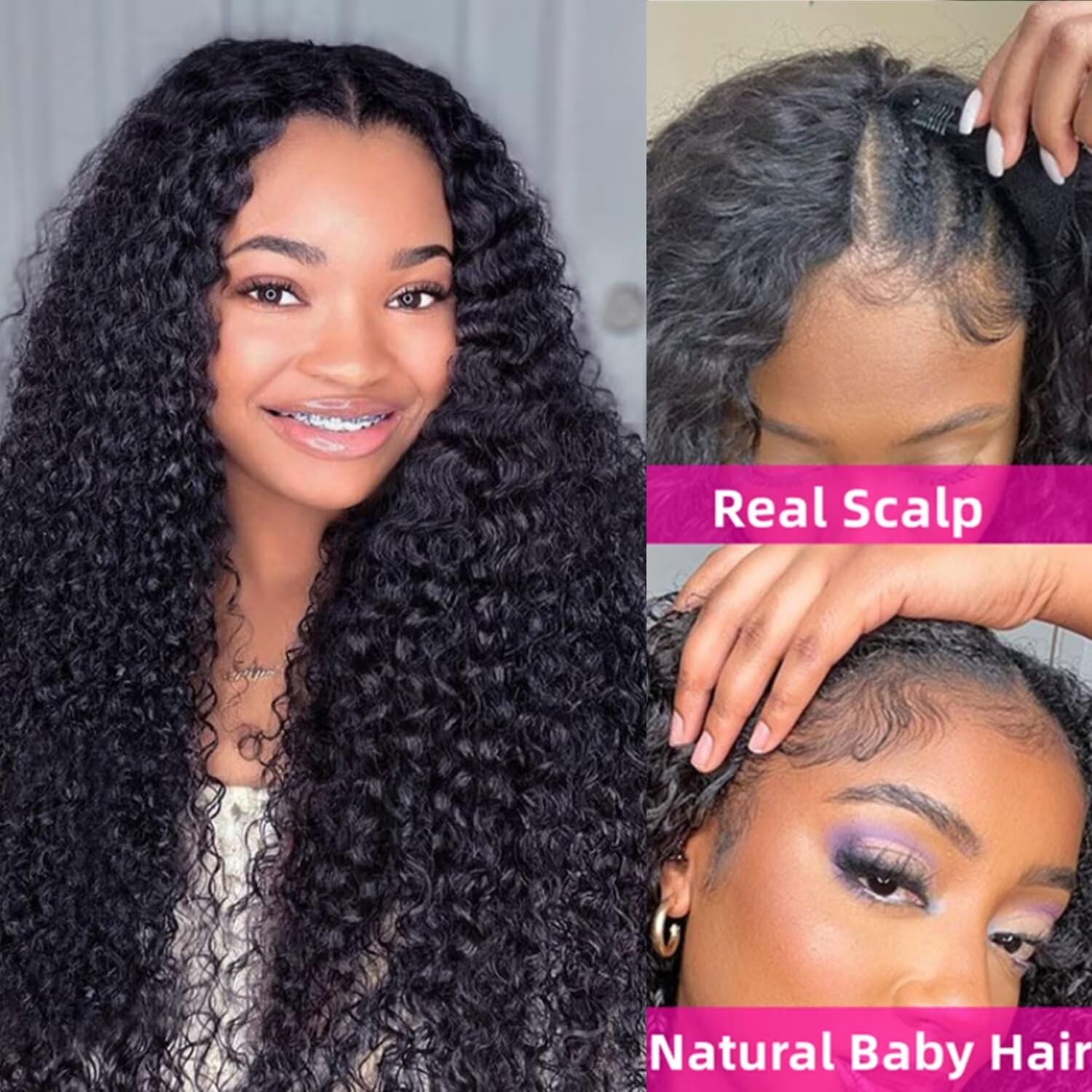 Parrucca Capelli Umani Parrucca Riccia V Part Curly Human Hair Wigs Capelli Veri umani Brasiliani Parrucca Donna Glueless V part Kinky Curly Human Hair Wig 16 Pollice 40cm