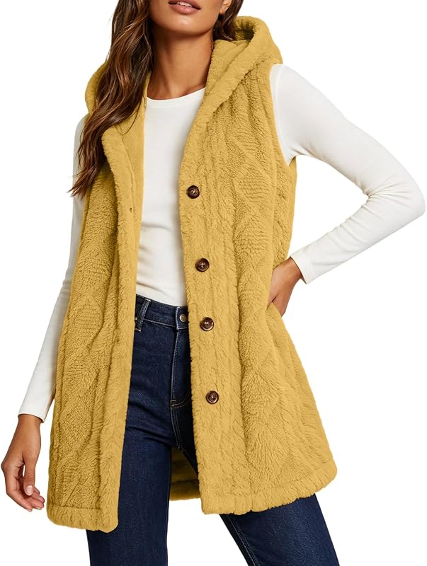 Long Hooded Fleece Vest for Women Button Front Casual Outerwear