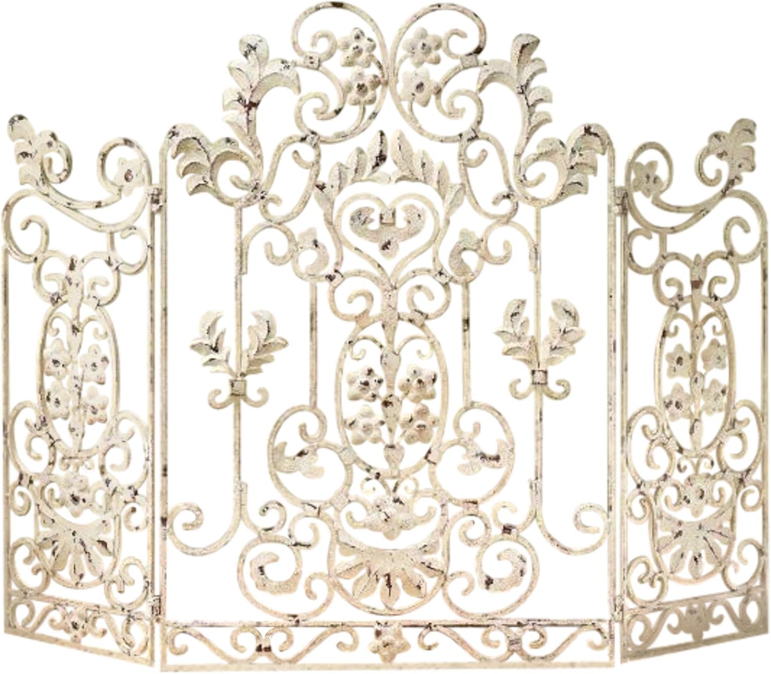 MY SWANKY HOME Ornate French Country Cream Iron Fireplace Screen Botanical Scroll Firescreen