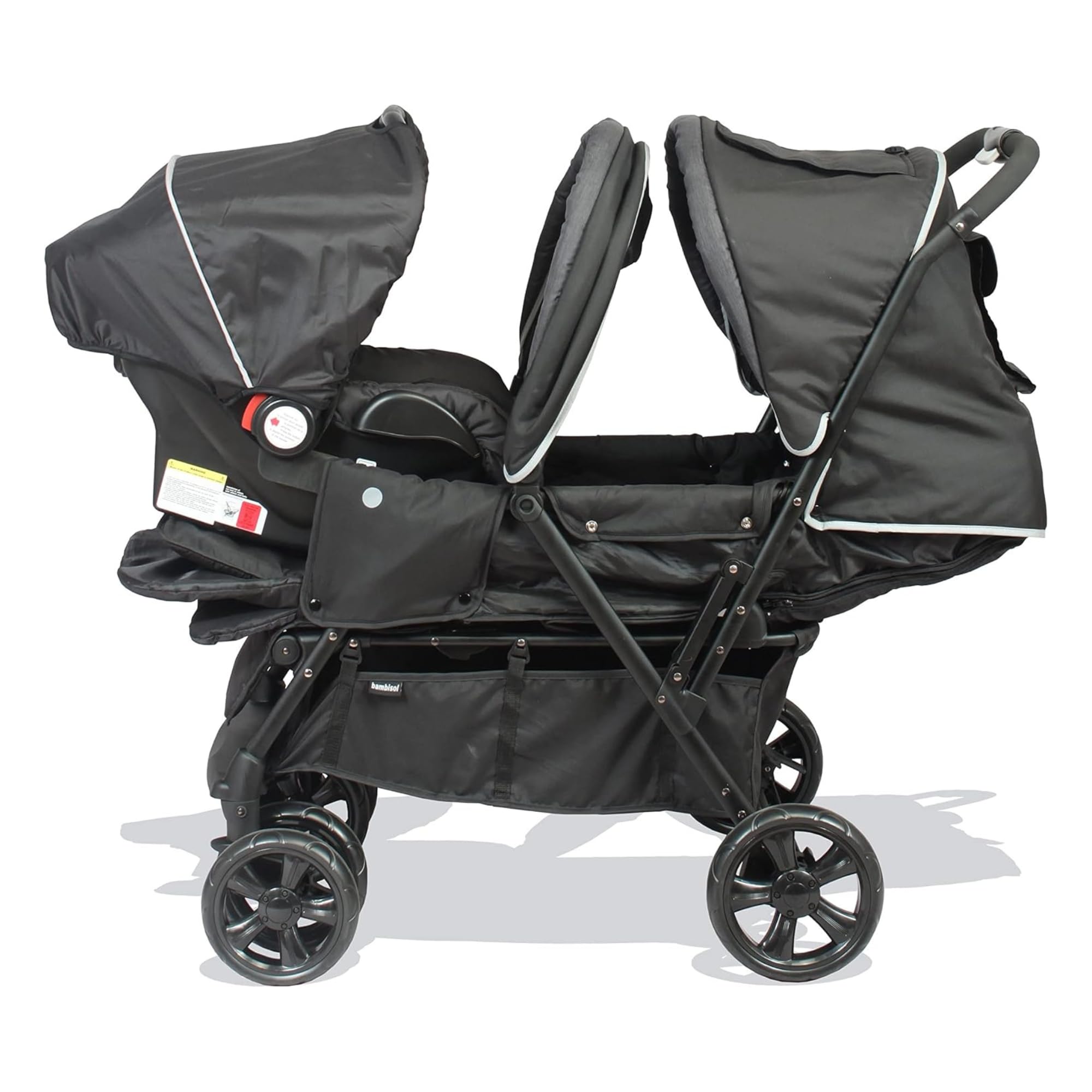 BAMBISOL Poussette Double 2-en-1 Jumeaux Cosy Siège Auto i Size Gr0+ Inclus Pliable Noir Gris Chiné