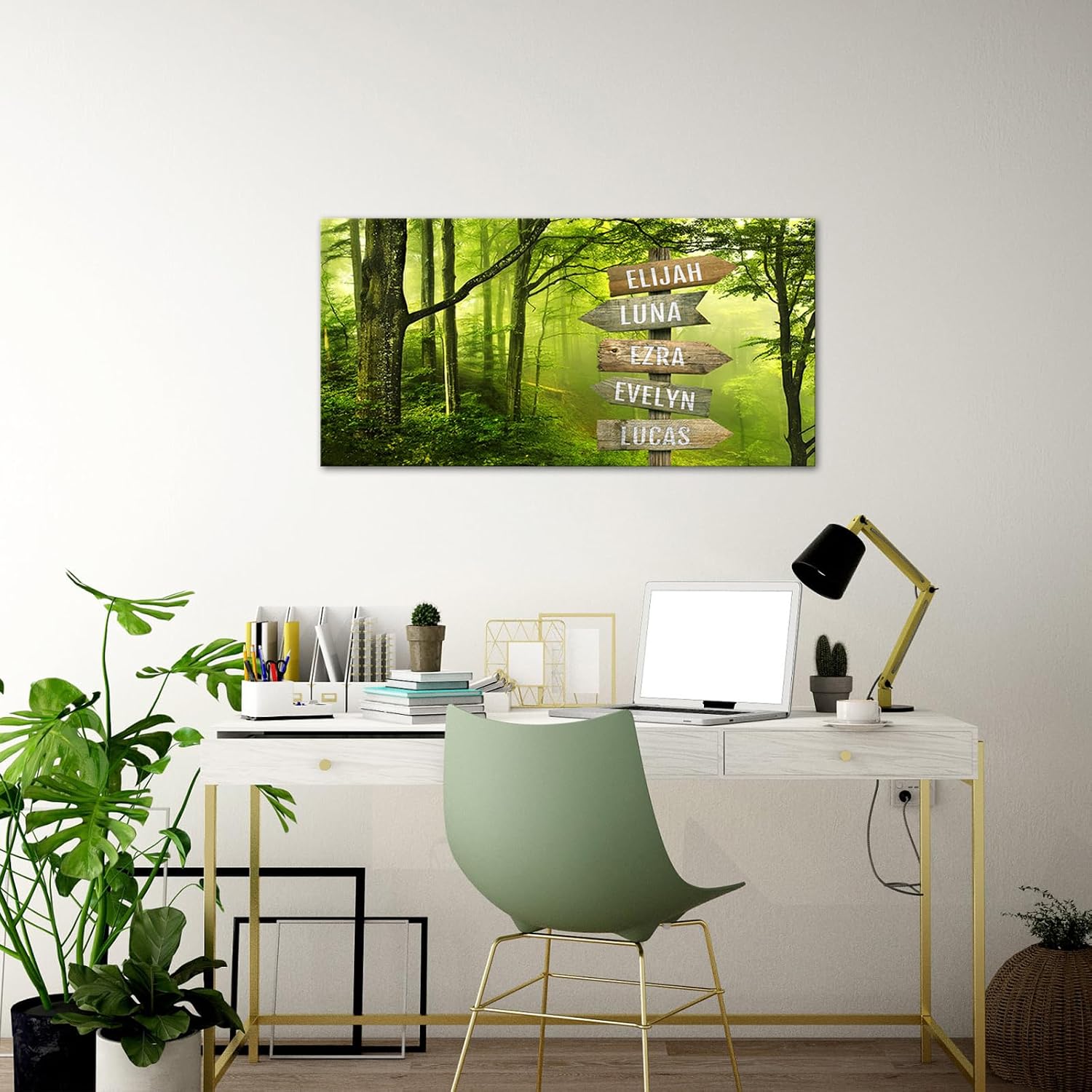 iLOOKLiKE Personalized Street Sign with Name Canvas Wall Art for Family Home Decor Custom Multi Names Misty Green Tree Picture Print Forest Scenery Painting Unique Gifts from Kids Daughter Son