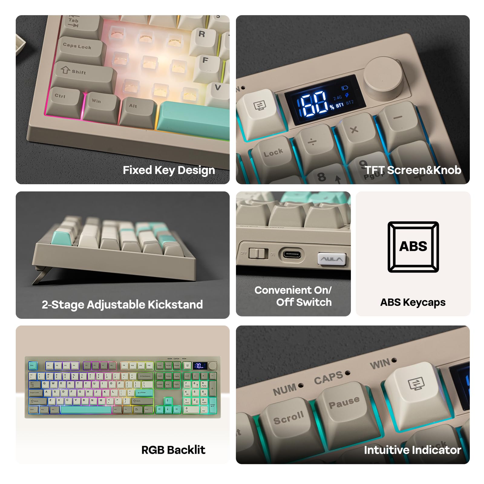 EPOMAKER Aula S102 Pro Teclado Silencioso para Juegos de Membrana con Pantalla TFT, Control de Volumen&Teclado Numérico, BT/2.4G/USB, RGB, Estructura de Silicona Suave, para Gaming/Oficina (Gris) — view 3