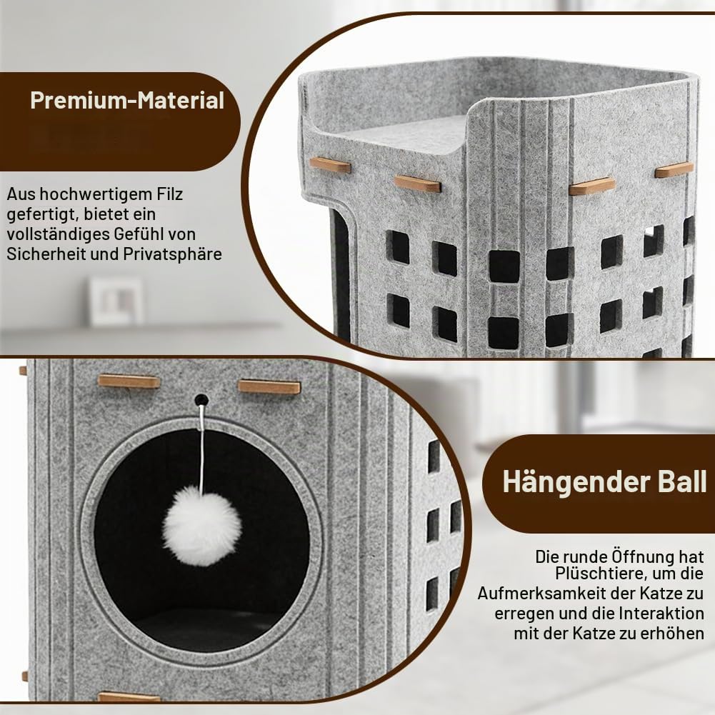 3-Stöckige Katzenhöhle aus Filz kratztonne – Katzenhaus kratztonne für Katzen höhle, 90x37cm,Faltbares Porös Katzenbett, Winterfest & Abnehmbar, Gemütliches Kätzchennest (Grau)