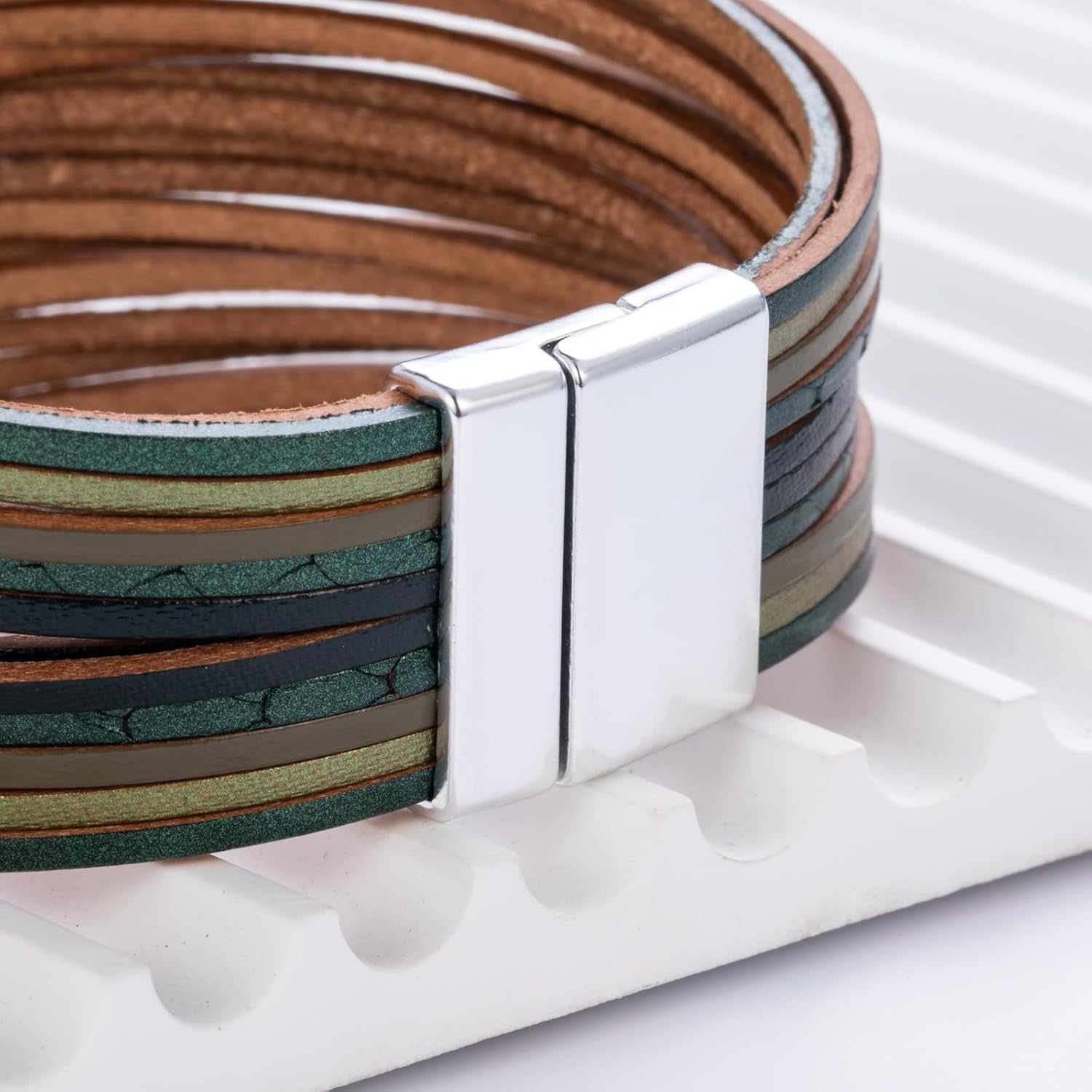 FANCY SHINY Boho Leather Wrap Bracelet Stackable Layered Bangle Cuff with Magnetic Clasp - Image 6