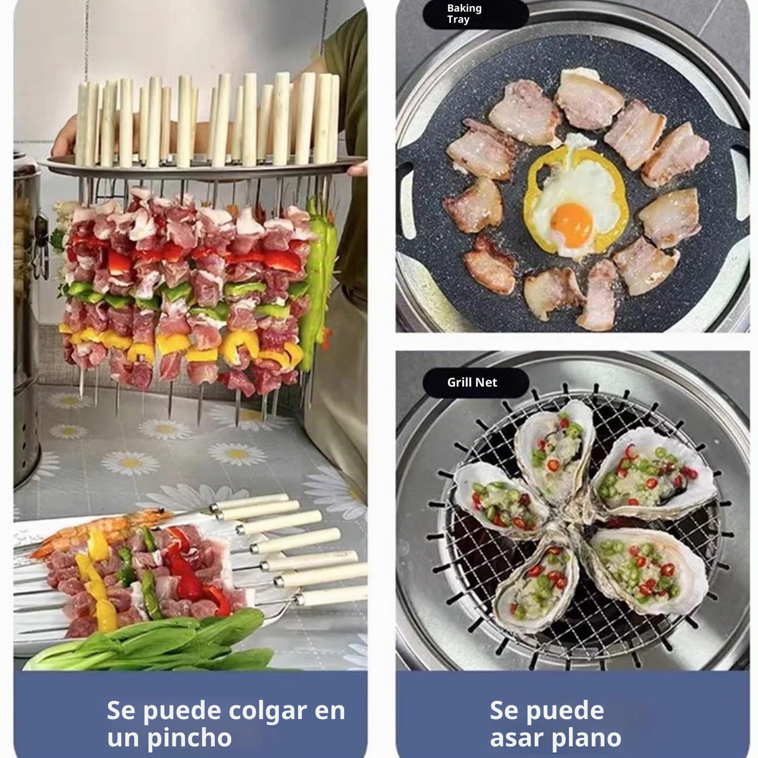 Barril Asador de Carne Sin Humo Interior, Parrilla de Barbacoa de Carbón Sin Humo BBQ Portátiles con Forma de Barril Envolvente de Acero Inoxidable para Exteriores Silver Large