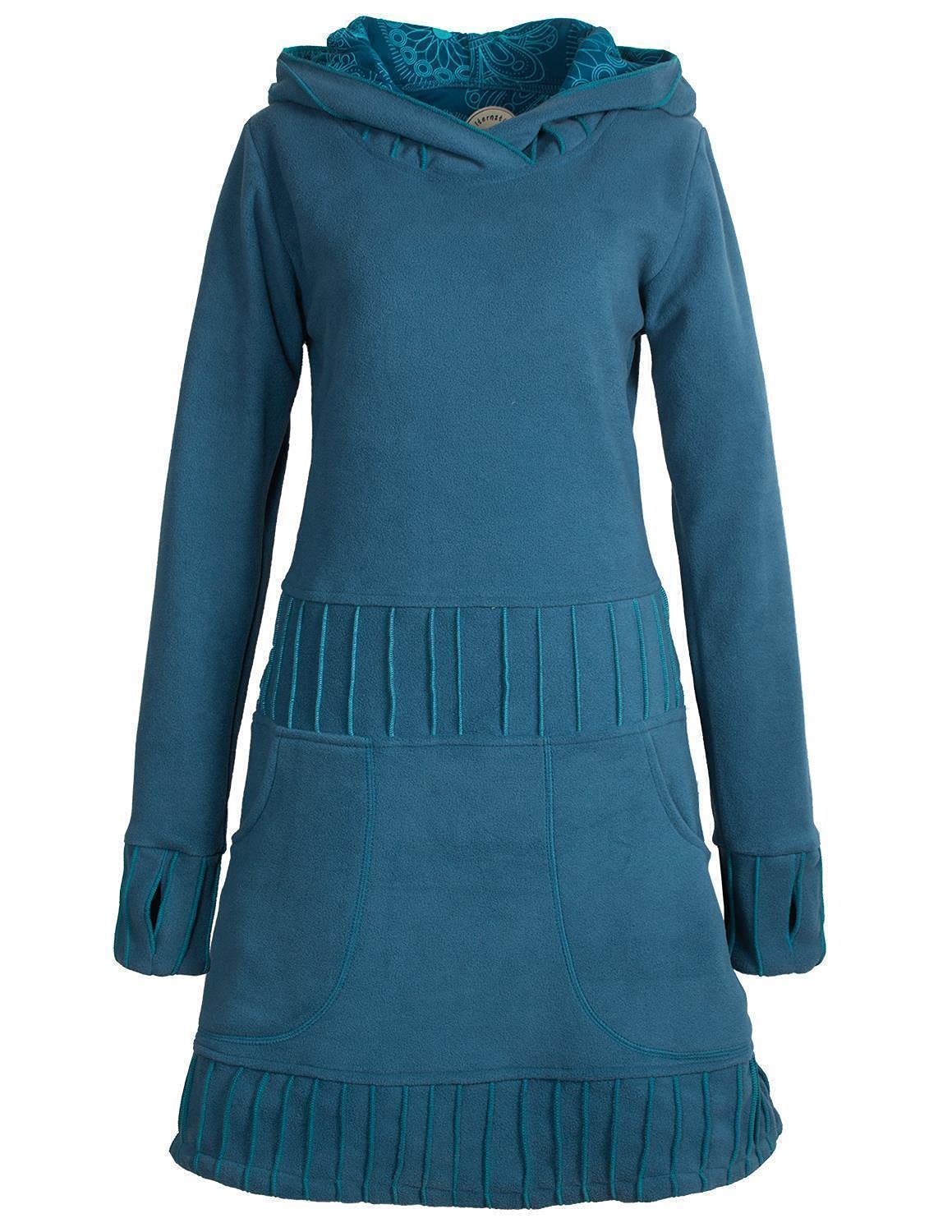 Vishes - Alternative Bekleidung - Langärmliges Patchwork Hoodie Eco Damen Fleecekleid mit Daumenlöchern