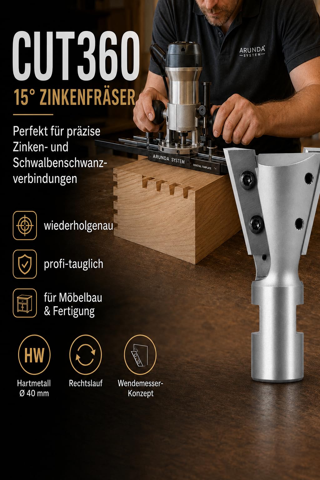 CUT360 - Zinkenfräser/Schwalbenschwanzfräser 15° für Arunda® System | Ø 40 HM, rechts | AL 31,5 mm, GL 65,5 mm | Schaft M12x1 | inkl. Wendemesser | Wendeplatte 901.315.09.00