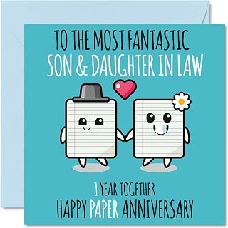 Cute Paper Anniversary Card for Son & Daughter In Law - 1 Year Together - Happy 1st Wedding Anniversary Cards for Daughter In Law Son, 5.7 x 5.7 Inch Greeting Cards for First Anniversaries