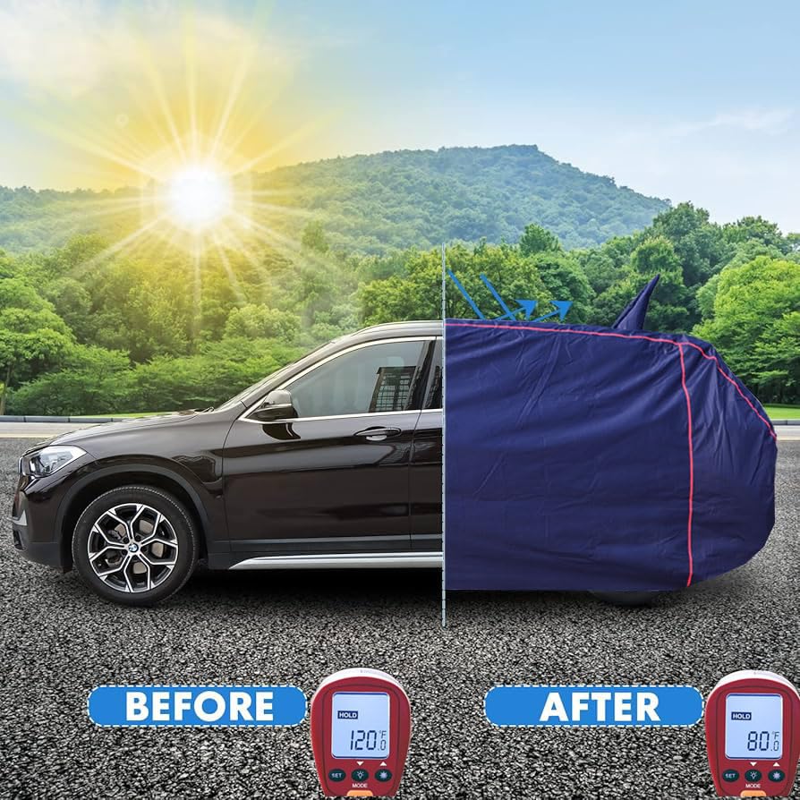 Image of Waterproof Car Body Cover for Tata Tiago Ev with Mirror and Antenna Pocket and Soft Cotton Lining (Full Bottom Elastic Triple Stitched) (Dark Blue)