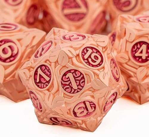 KERWELLSI Juego de 7 dados DND de metal de hojas de vides naturales, color rojo rosa poliédrico Dungeon and Dragons RPG juego de rol D&D con caja,