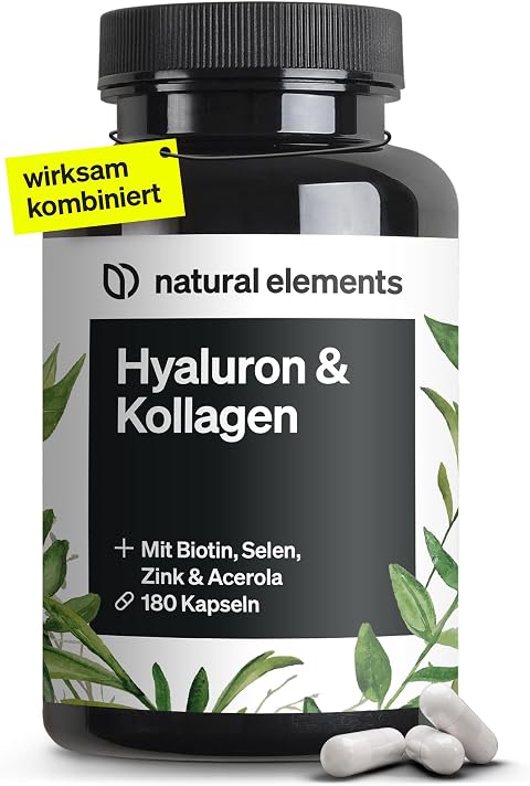 natural elements Hyaluronsäure Kollagen Komplex - 180 Kapseln - Angereichert mit Biotin, Selen, Zink, Vitamin C aus Acerola & Bambusextrakt - Laborgeprüft