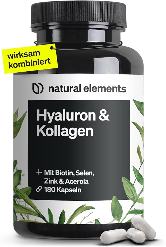natural elements Hyaluronsäure Kollagen Komplex - 180 Kapseln - Angereichert mit Biotin, Selen, Zink, Vitamin C aus Acerola & Bambusextrakt - Laborgeprüft