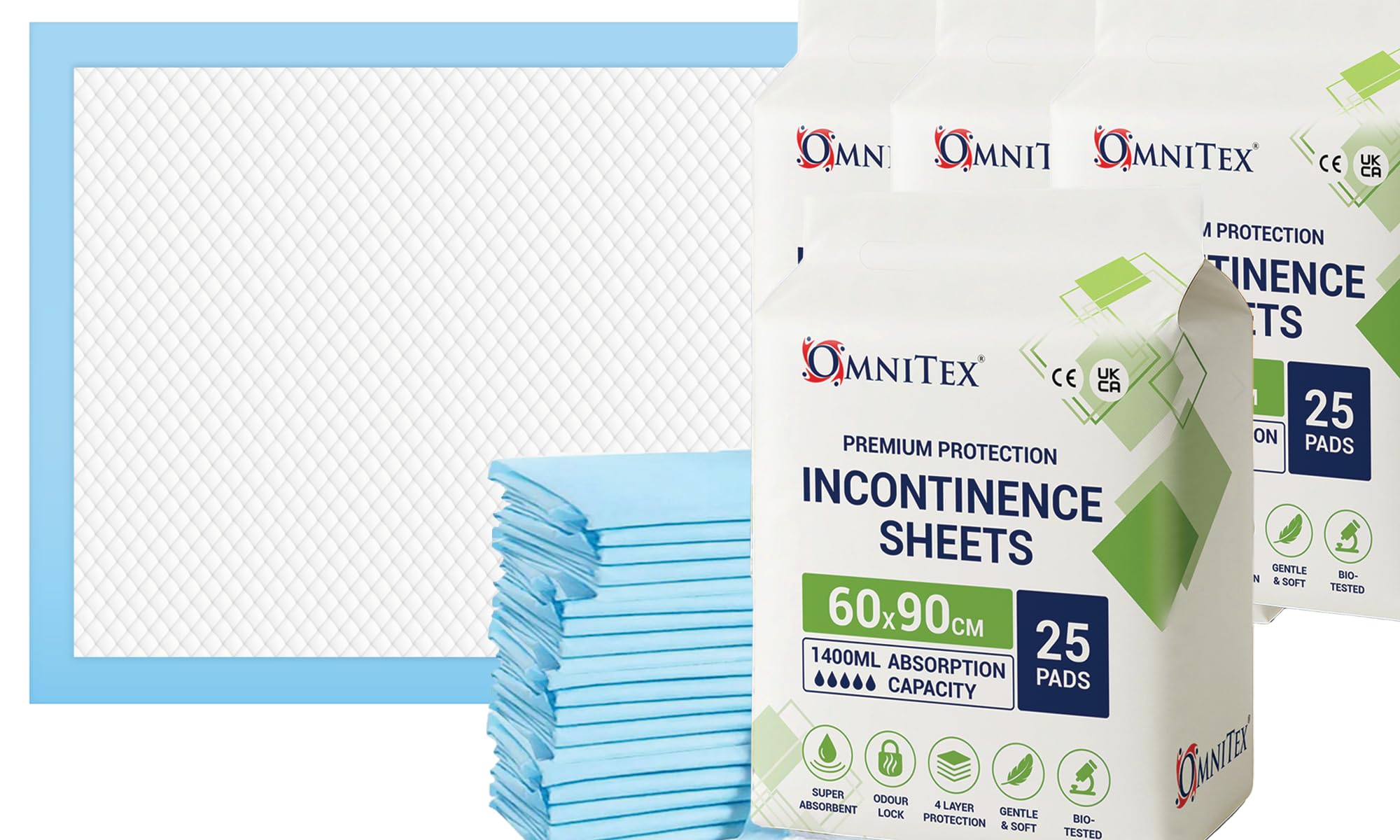 100pk Omnitex 60 x 90cm Disposable Bed Pads - 1400ml absorption | SAP Liquid Lock Technology Incontinence sheets, Premium Underpads, Bed Mats, Mattress Protectors | 4x 25pk | CE & UKCA certified