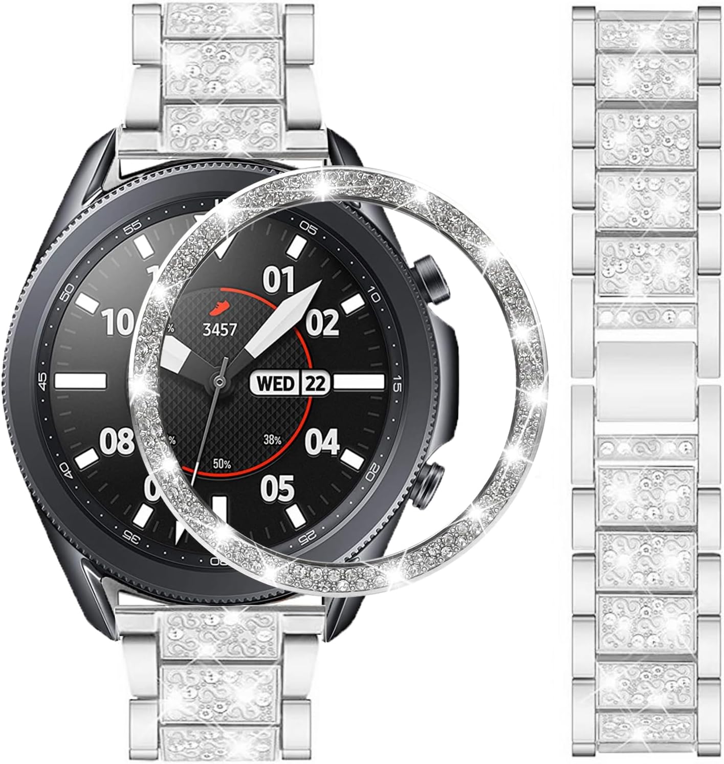 Bands Compatible with Samsung Galaxy Watch 3 (45mm), 22mm S Texture Rhinestone Diamond Stainless Metal Strap with Bezel Ring Cover Replacement for Women Men (Silver)