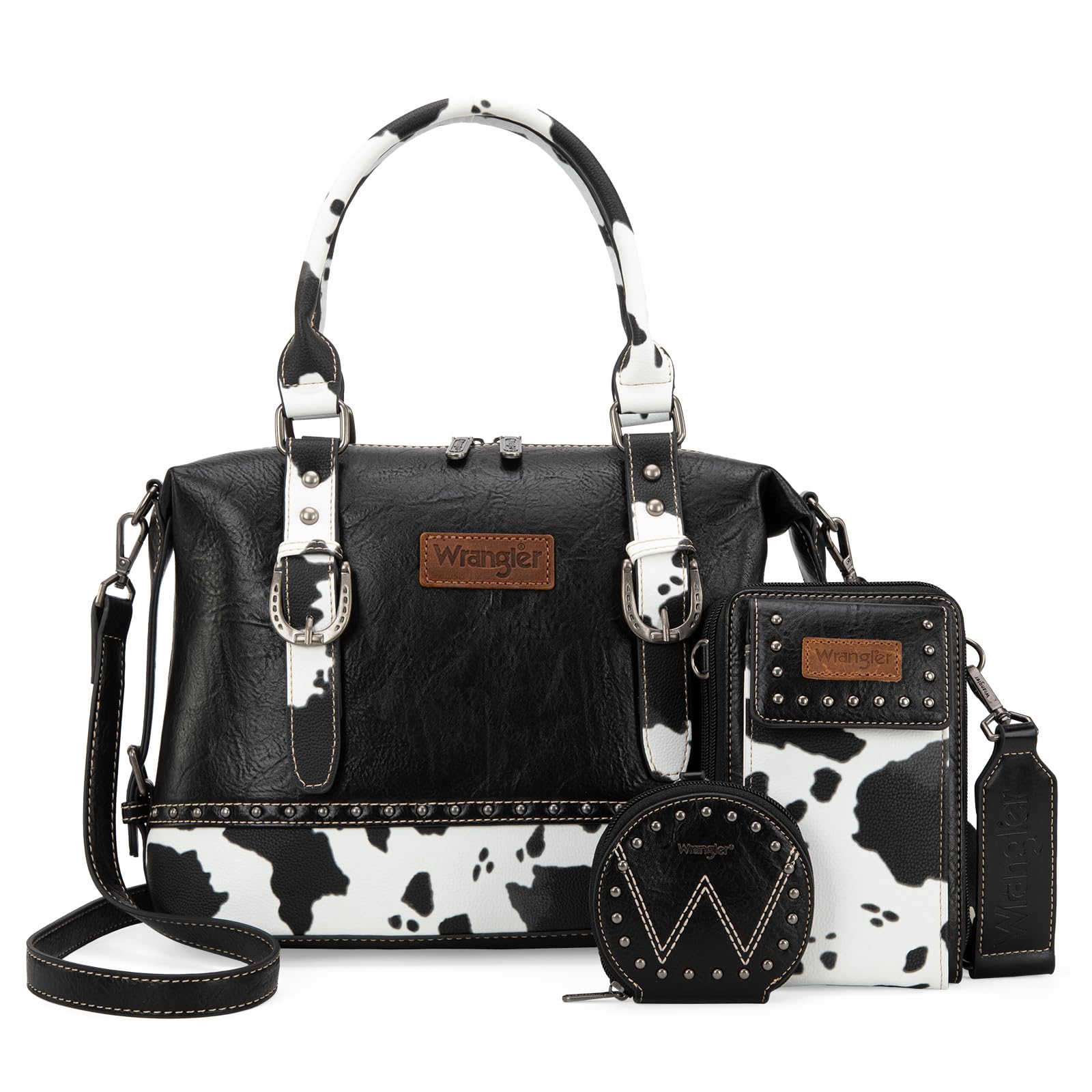 Wrangler Arzttaschen-Set für Damen, Top-Griff, Umhängetasche mit Handy-Handtaschen und Münzbörse, 3-teilig, Schwarzes Kuhmuster
