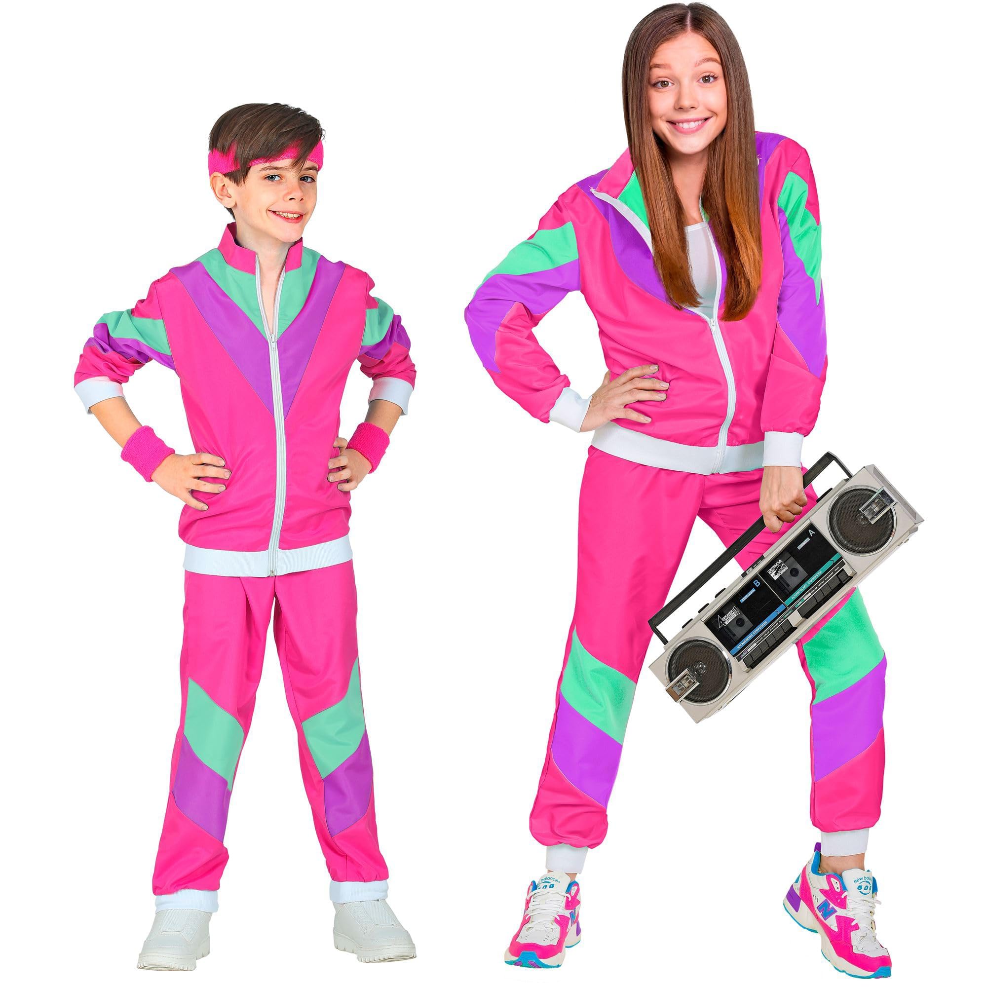 WIDMANN Children's Costume 80s Tracksuit, Jacket and Trousers, Jogging Suit, Retro Style, Bad Taste Party, Carnival, Unisex kids, multicoloured