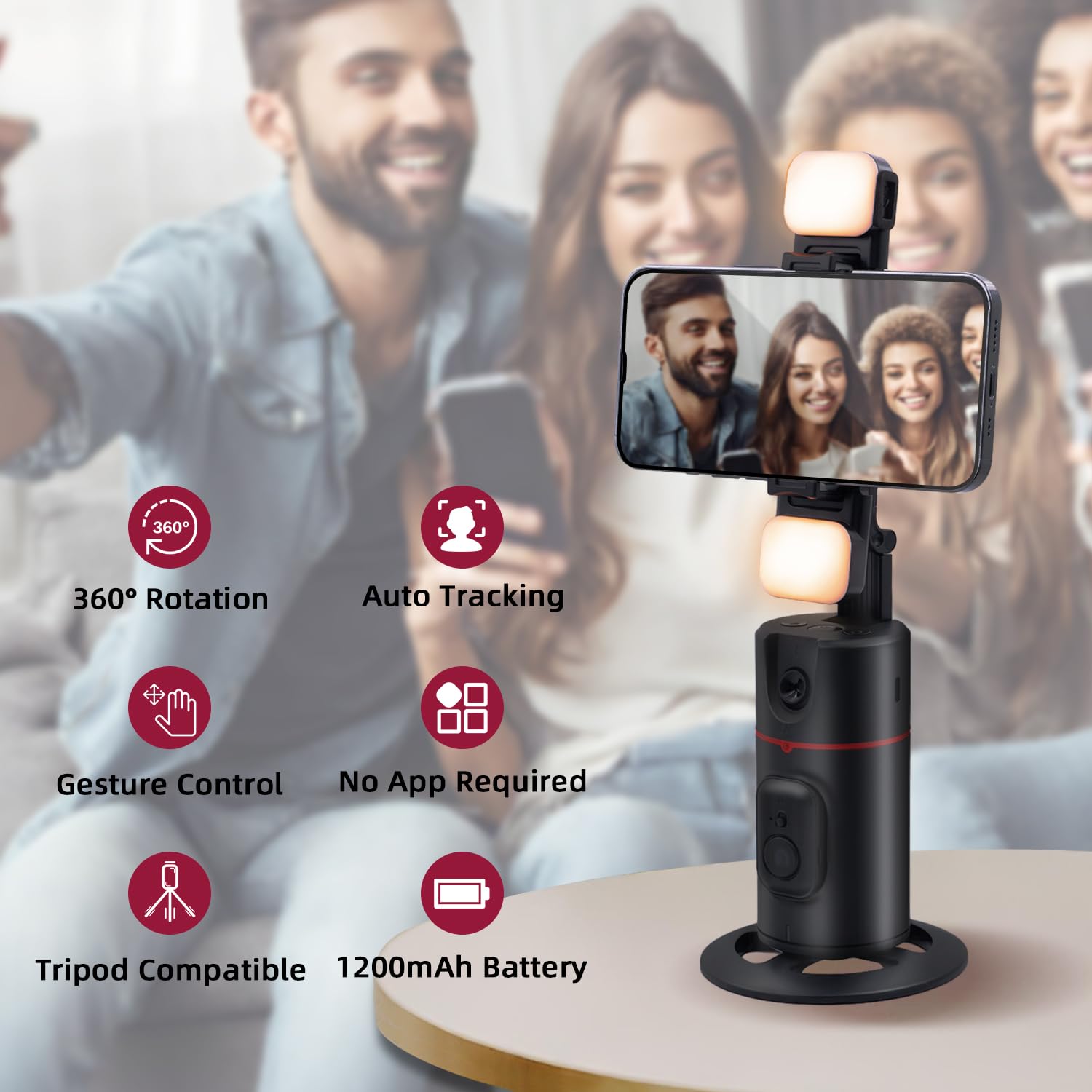 Mcbazel Trépied de Téléphone à Suivi Automatique du Visage avec 2 Lampes à Selfie, Support de Perche Selfie Rotatif Intelligent à 360 °,Support Contrôle Distance/Gestuel/Stabilisateur de Cardan Noir