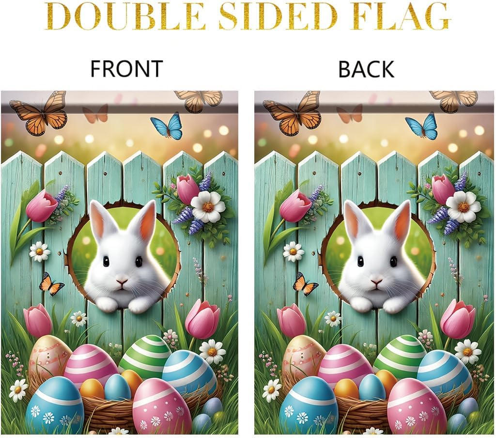 Easter Bunny Fence Garden Flag 12x18 Inch Double Sided Spring Egg Floral Yard Banner Cute Rabbit with Tulips and Butterflies Outdoor Decoration for Porch Lawn Home - Image 3