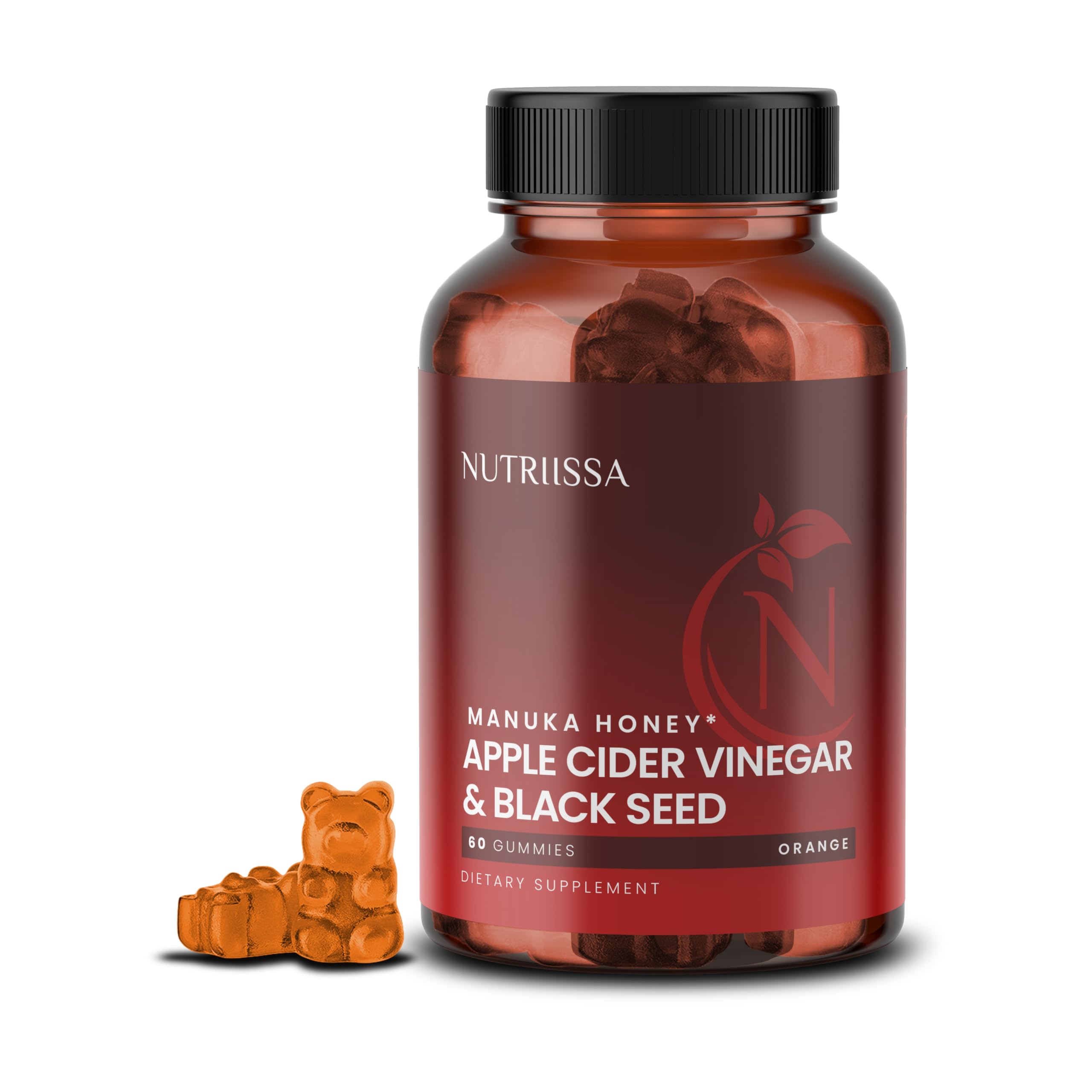 Nutriissa - Apple Cider Vinegar + Black Seed Oil + Manuka Honey Gummies – Cold-Pressed Cumin Seed Nigella Sativa – EPEB Certified for Purity & Potency – 60 Orange Flavored Gummies