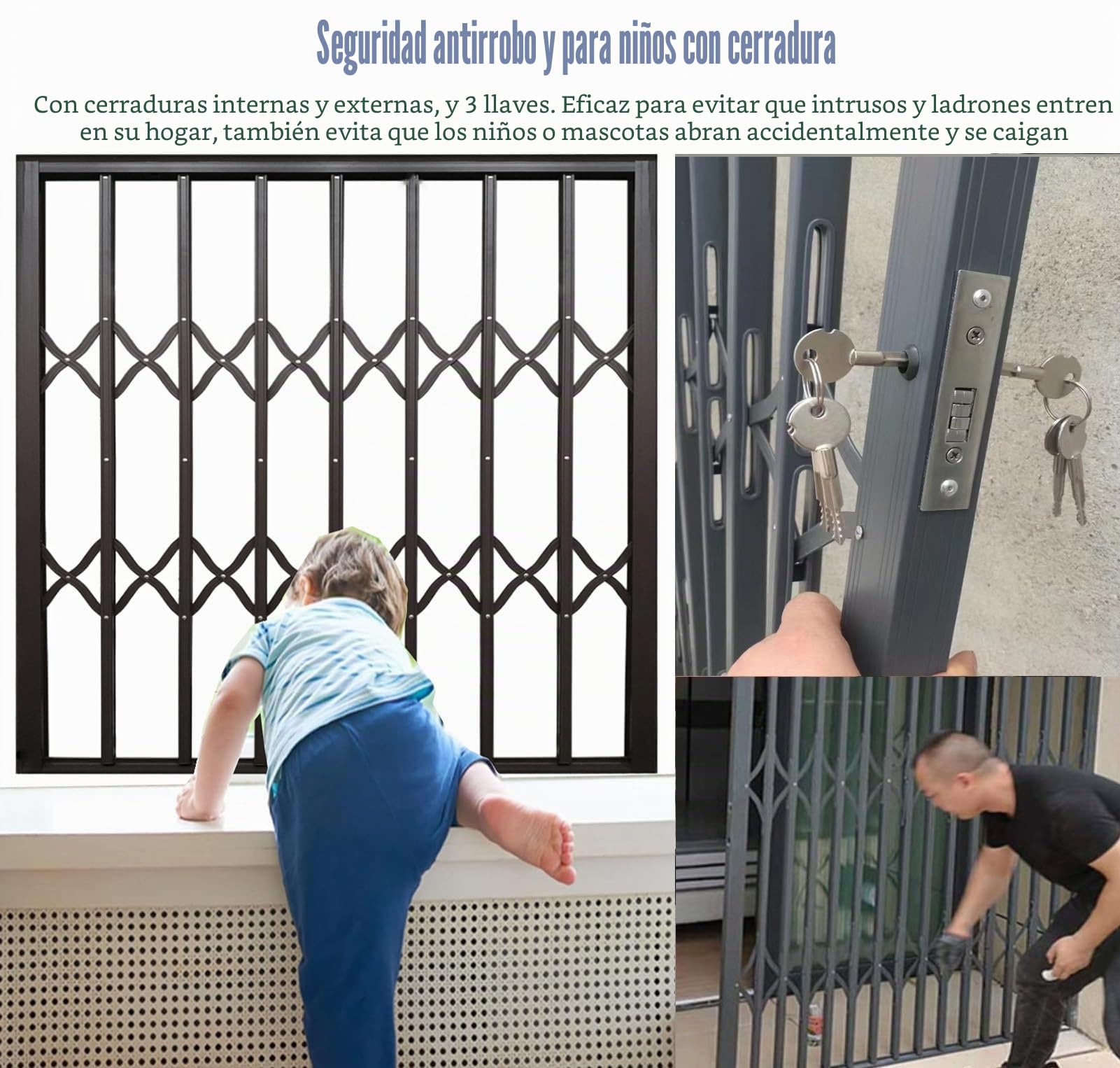Rejas para Ventanas Exteriores Rejilla de Seguridad Metálica Plegable para Ventanas, Barras de Seguridad para Ventanas Correderas con Cerradura y Llave, Barandilla Antirrobo para Ventanas Interiores,