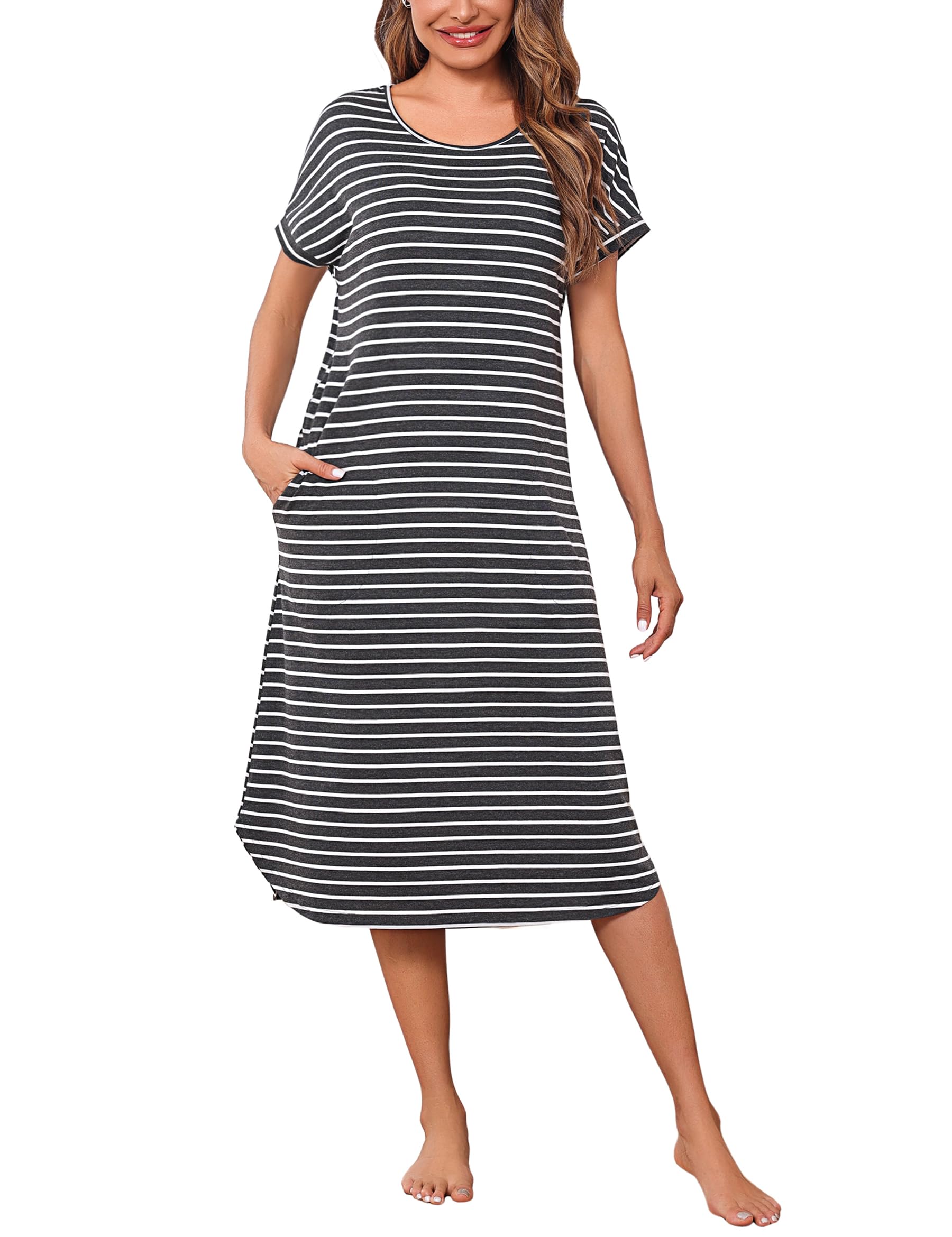 Litherday Nachthemd Damen Lang Nachtwäsche Kurzarm Streifen Schlafshirt aus 95% Baumwolle Loungewear Nachtkleid Sleepshirt mit Tasche