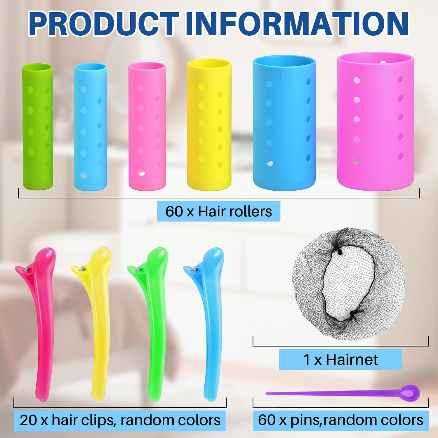 141 Pcs Hair Rollers Set Include 60 Plastic Hair Rollers with 60 Pins, 20 Duck Teeth Clips - Hairdressing Curlers Tools for Men and Women DIY Styles (Random Color)