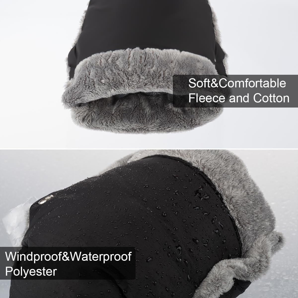 Fengzio Guanti Passeggino Scaldamani per Passeggino, Antigelo Guanti Manicotto Guanti impermeabili con Interno in Pile, Proteggi-mani accessori di dimensioni universali per passeggino (1-Nero)