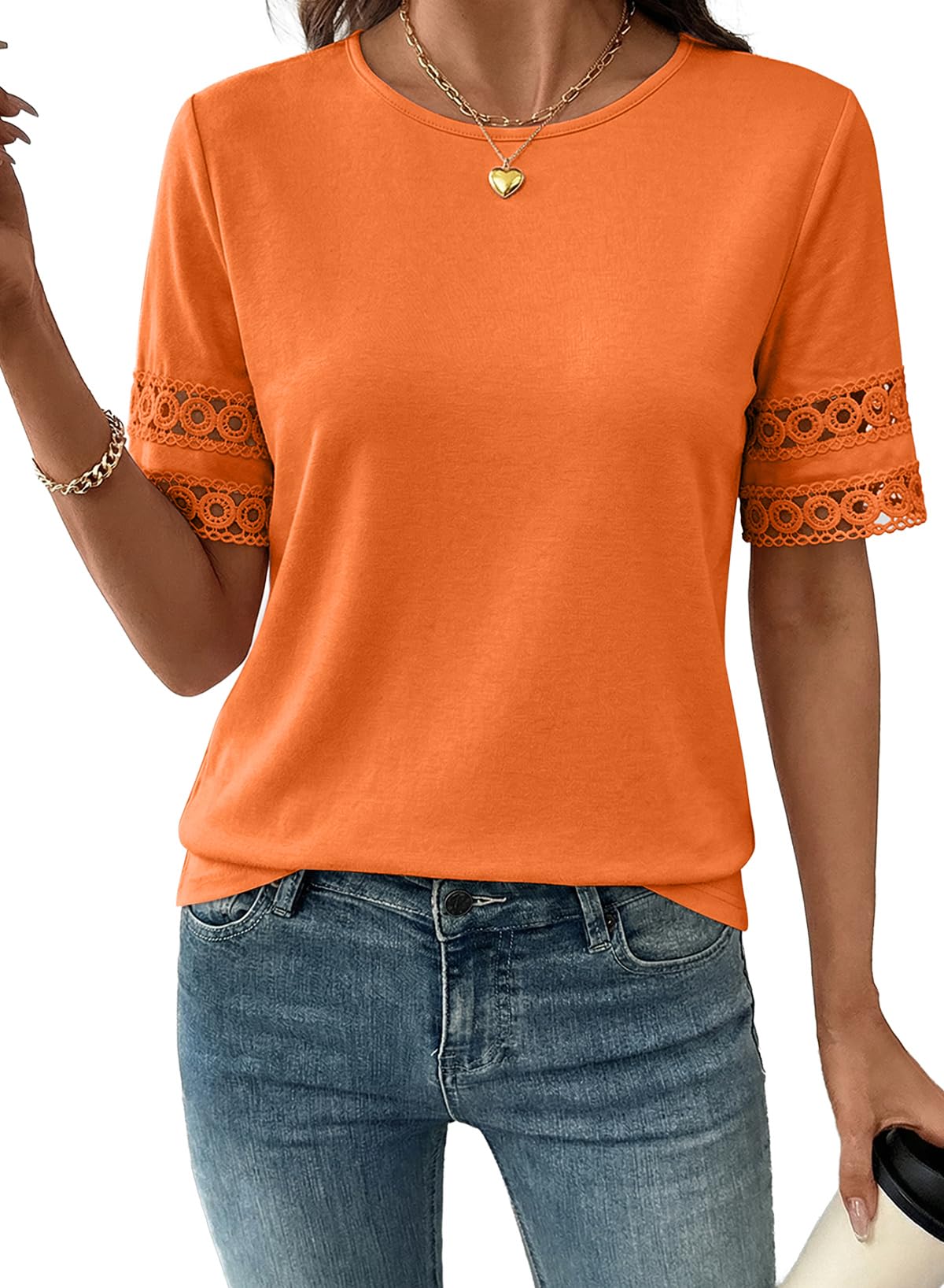 SHEWIN Womens Tops Crewneck Hollow Out Short Sleeve Shirts Lace Spring Blouses Tee Summer Tops for Women 2026