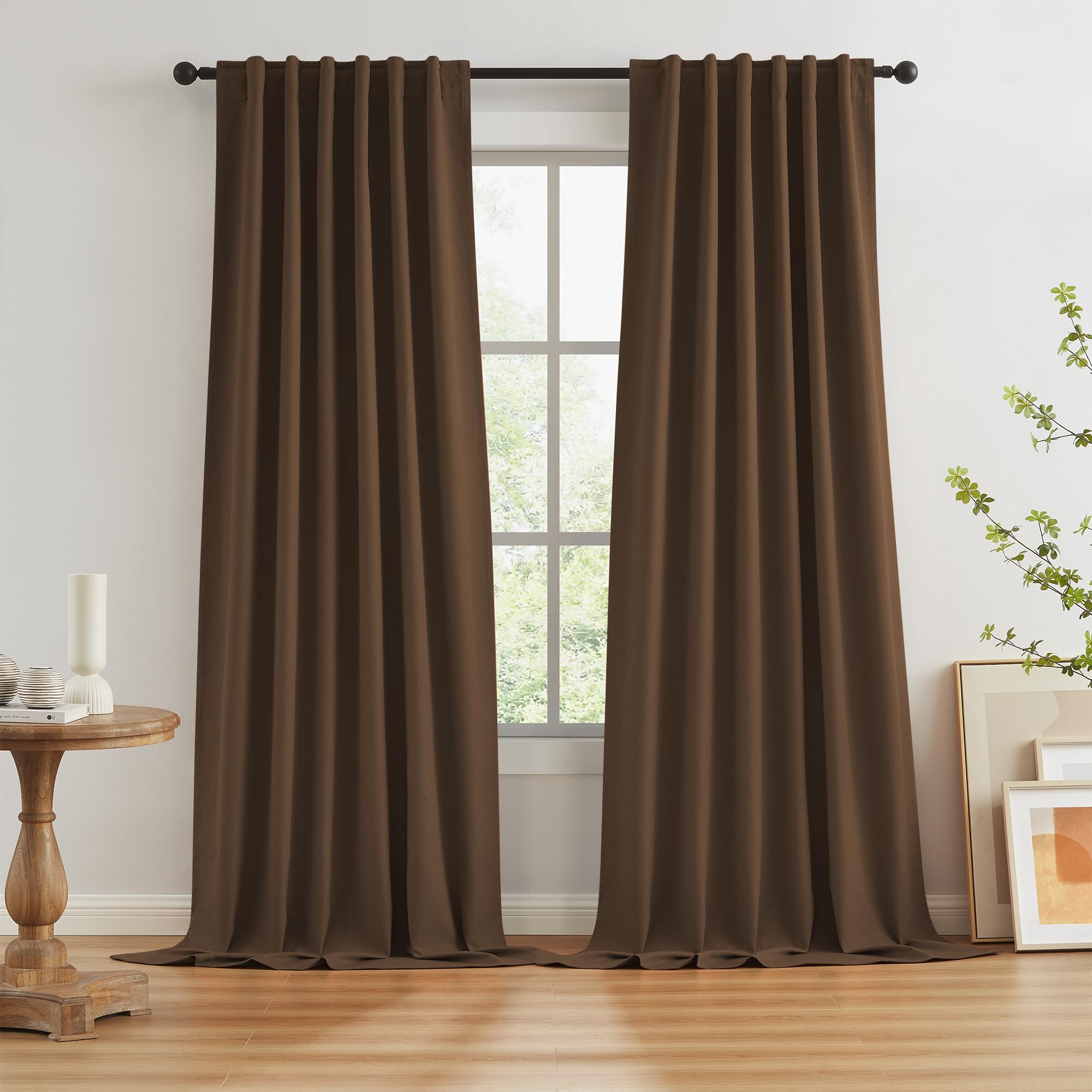 KEQIAOSUOCAI Brown Linen Textured Blackout Curtains 132 Inches Long for Living Room, 100% Light Blocking Canvas Look Curtain Drapes Chocolate Brown 50 by 132 Length 2 Panels Back Tab Rod Pocket