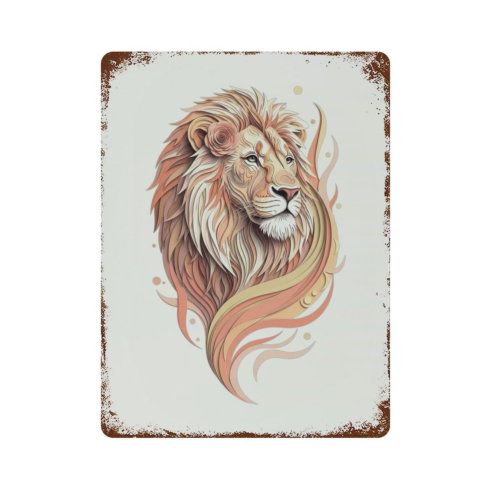 Lion with Rose Digital Art Rusty Metal Tin Sign 15.7"x11.8", Vintage Wall Decor for Garage, Pub Or Kitchen