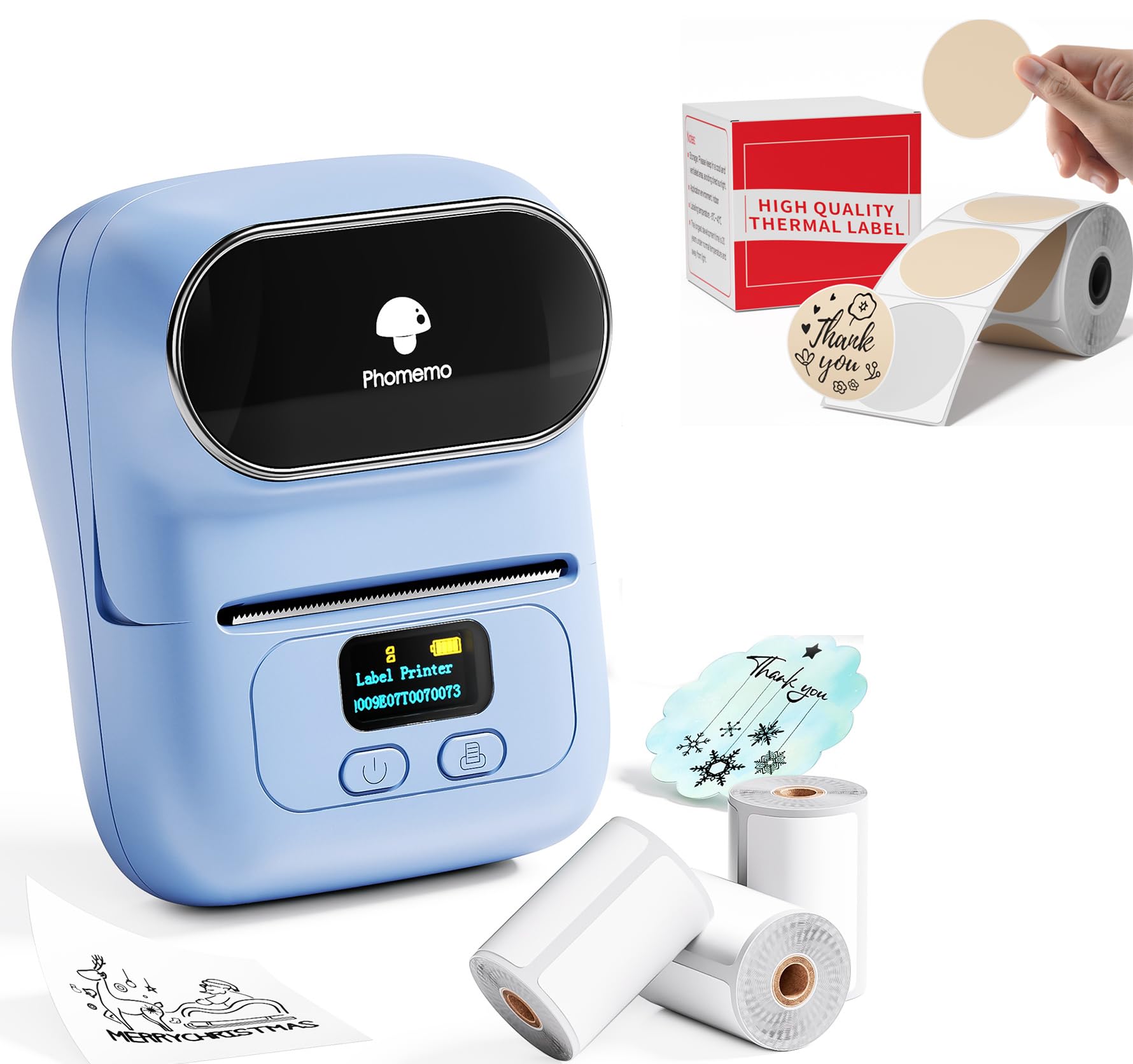 Phomemo M110 Etiquetadora Caja de Regalo con 4 Rollos de Etiquetas, Impresora de Etiquetas Adhesivas Bluetooth térmica portátil, para Uso en la Oficina, códigos de Barras, pequeñas Empresas, Tiendas
