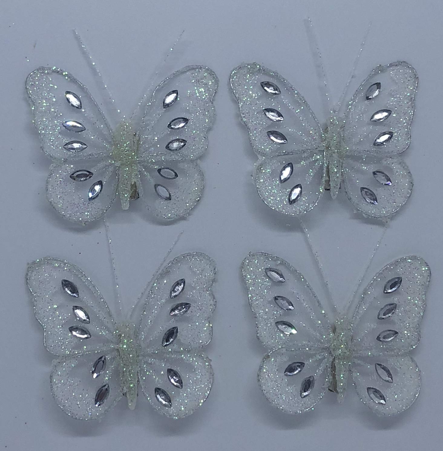 Diamante Glitter Mesh Jewelled Butterfly 3D Decorative Butterflies Wedding Home Party Event Craft Embellishment Festive Stylish Xmas Tree Christmas Decoration Curtain Clip On (4 x White)