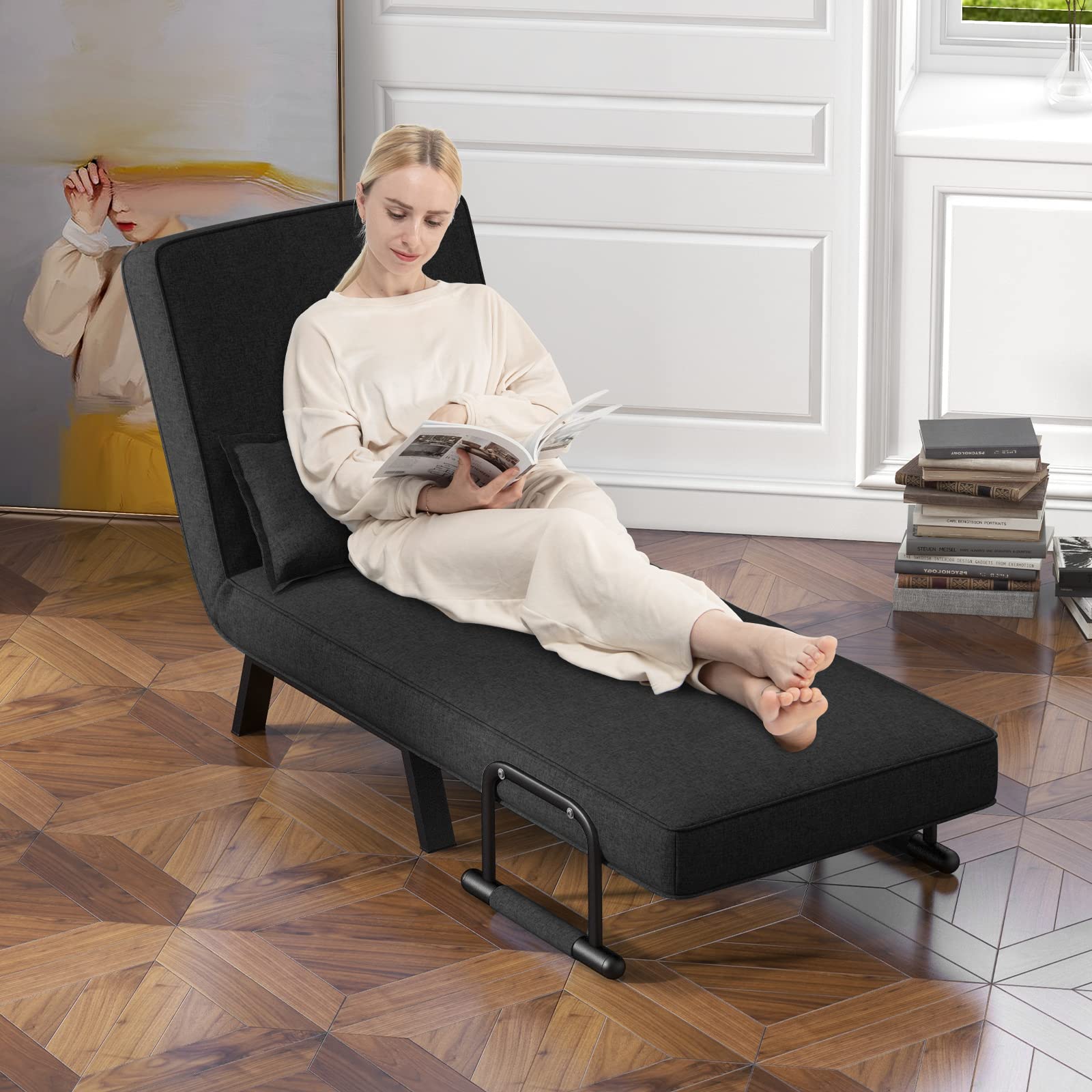 RELAX4LIFE Fauteuil Convertible, Canapé-Lit Pliable avec Coussin, 2 Accoudoir et Dossier Réglable à 5 Positions, Housse Déhoussable pour Bureau, Salon, Balcon (Noir)
