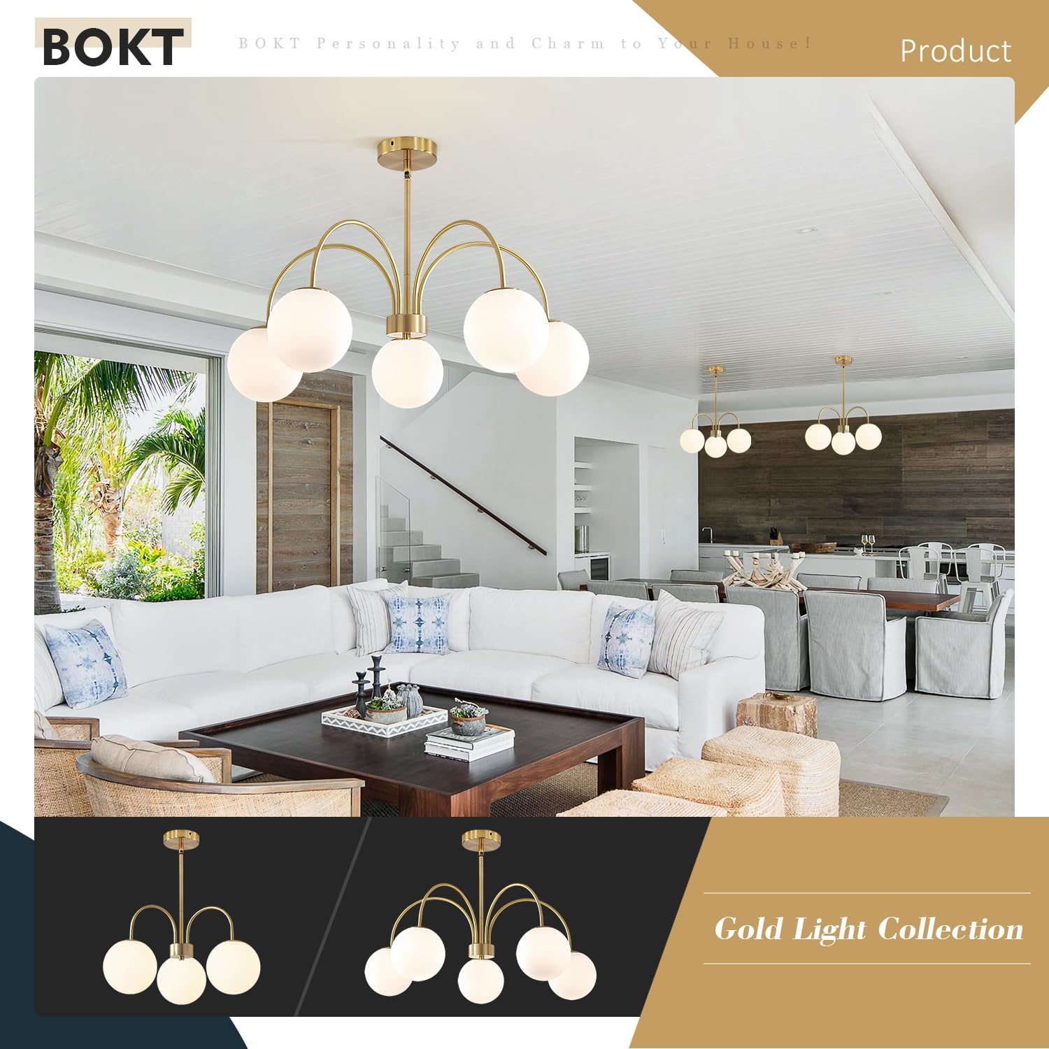 BOKT Mid Century Modern Gold Chandelier Large 5 Light White Globe Sputnik Chandelier Height Adjustable Milk Glass Hanging Pendant Lights Kitchen Island Vintage Dining Room Brass Ball Chandelier