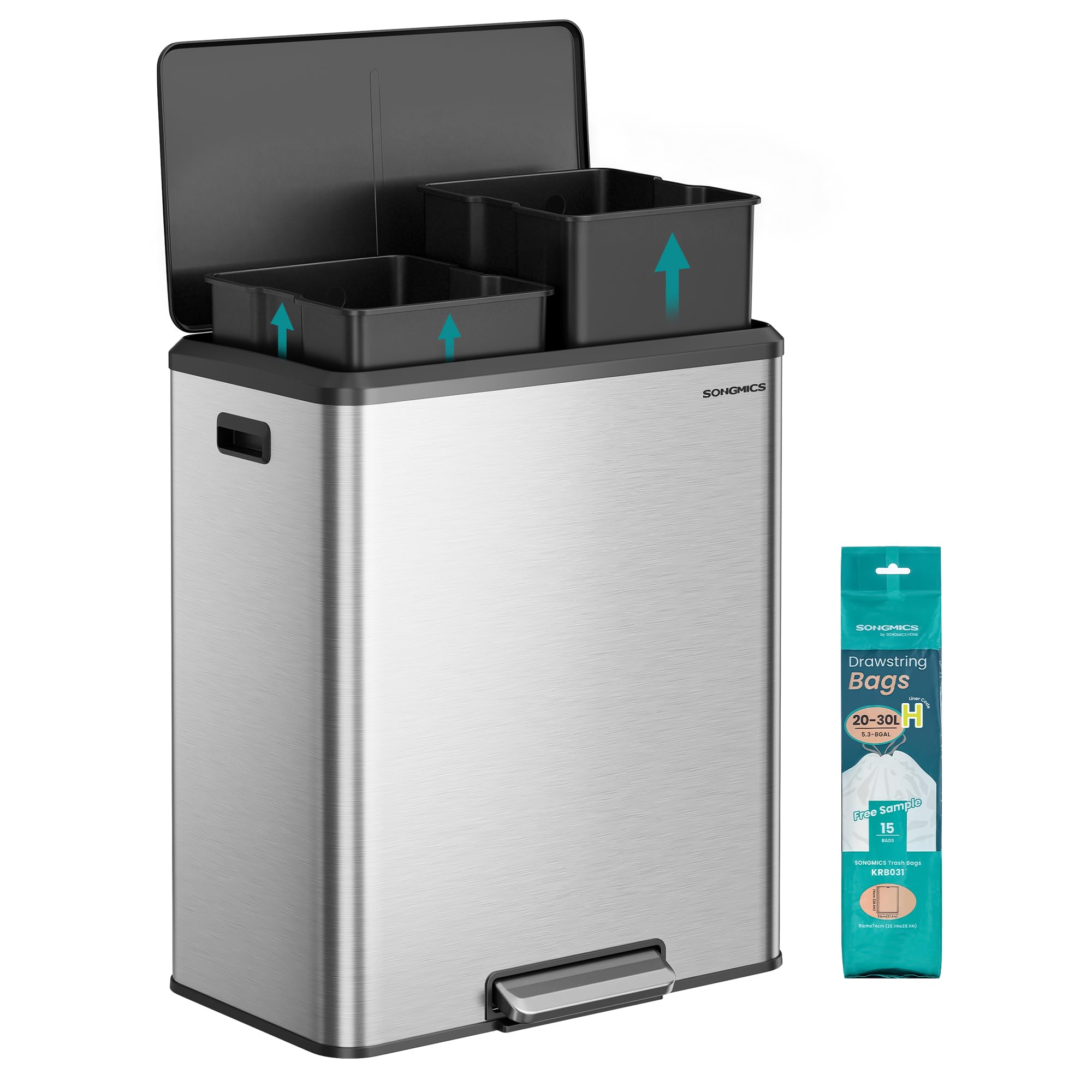 SONGMICS Kosz kuchenny, 2 x 20 l (2 x 30 l) podwójny kosz na śmieci do recyklingu i odpadów, wiadra wewnętrzne, stal nierdzewna, miękka pokrywa, szeroki, solidny, metaliczny srebrny LTB556E01