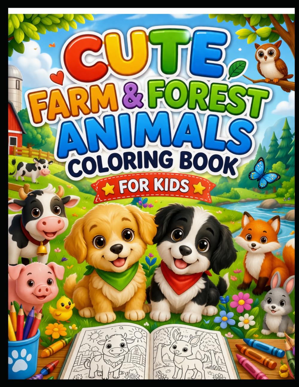 Cute Farm & Forest Animals Coloring Book for Kids: Fun and Easy Coloring Pages for Kids Ages 4–8 | Relaxing and Creative Activity Book