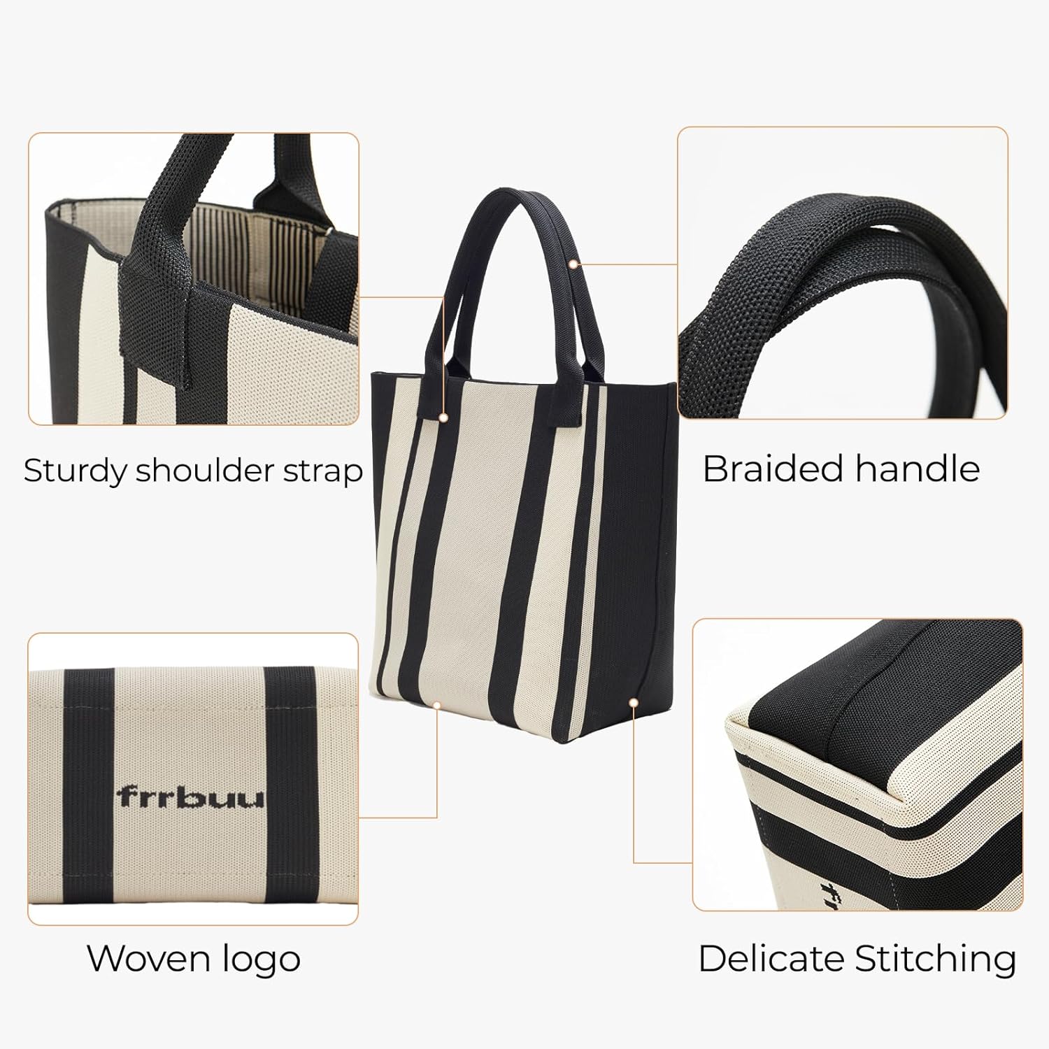Striped Canvas Tote Bag, Black and Beige, 11.4x10.2x5.5 inches, 3D Woven Textile with Detachable Mini Bag
