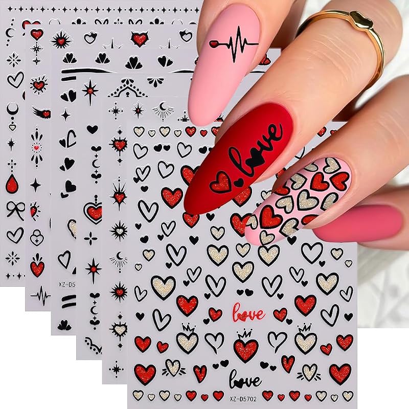 6 Sheets Valentine's Day Nail Stickers for Nail Art, 3D Self-Adhesive Bow Heart Nail Decals, Star Moon Love u Nail Supplies Nail Art Design Accessories for Women and Girls Manicure DIY Decoration