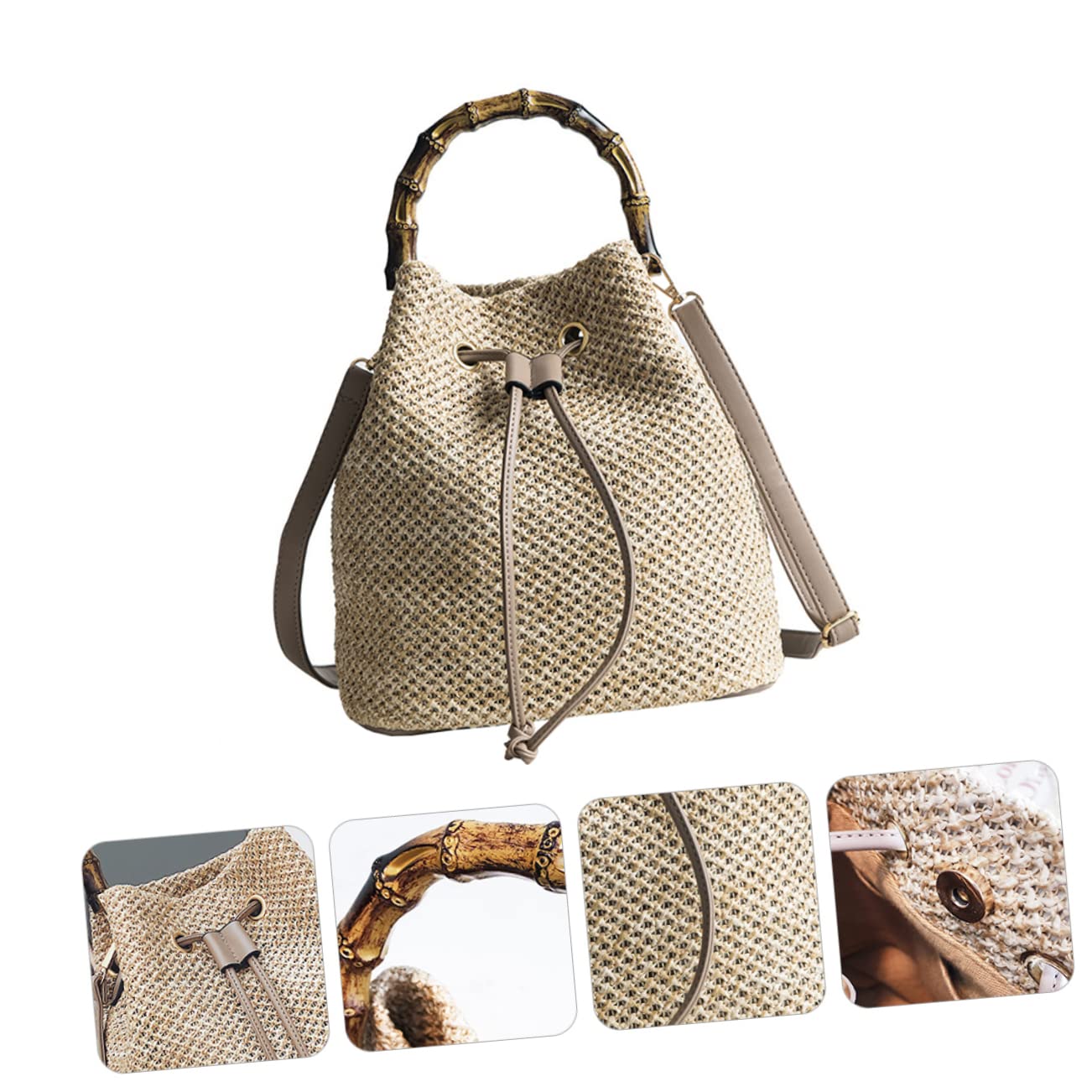 Garneck 1pezzi Borsa Tracolla in Paglia Borsa Secchiello Coulisse Tracolla Forma Di Secchiello Intrecciata Capiente e Pratica Per Viaggi e Uso Quotidiano