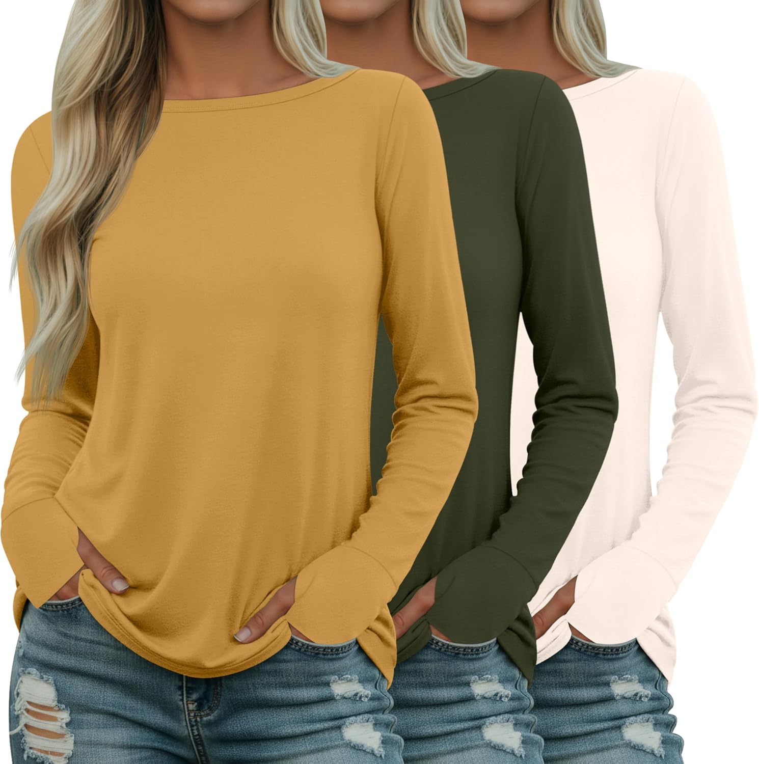 Riyiper 3 Pack Women’s 95% Cotton Long Sleeve Shirt with Thumb Hole, Boat Neck Casual Tunic Tops 2025 Fall Trendy Basic Tees