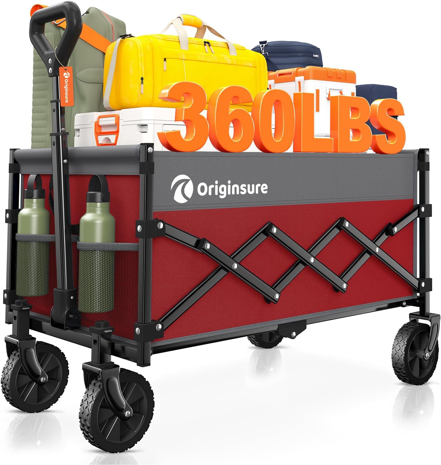 Collapsible Wagon Cart Foldable - Lightweight Portable Heavy Duty Folding Beach Wagons with Wheels - Outdoor Utility Carts for Grocery, Camping, Shopping with Large Capacity - Grey&Red