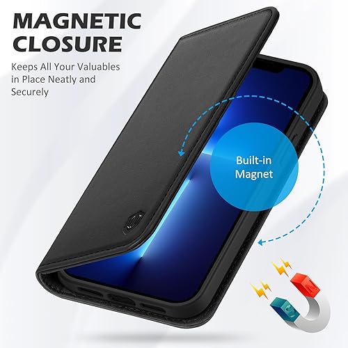 Miniatura 7 de SHIELDON Funda para iPhone 13, de piel auténtica, para iPhone 13, cartera magnética, absorción de golpes, bloqueo RFID, tarjetero de crédito,
