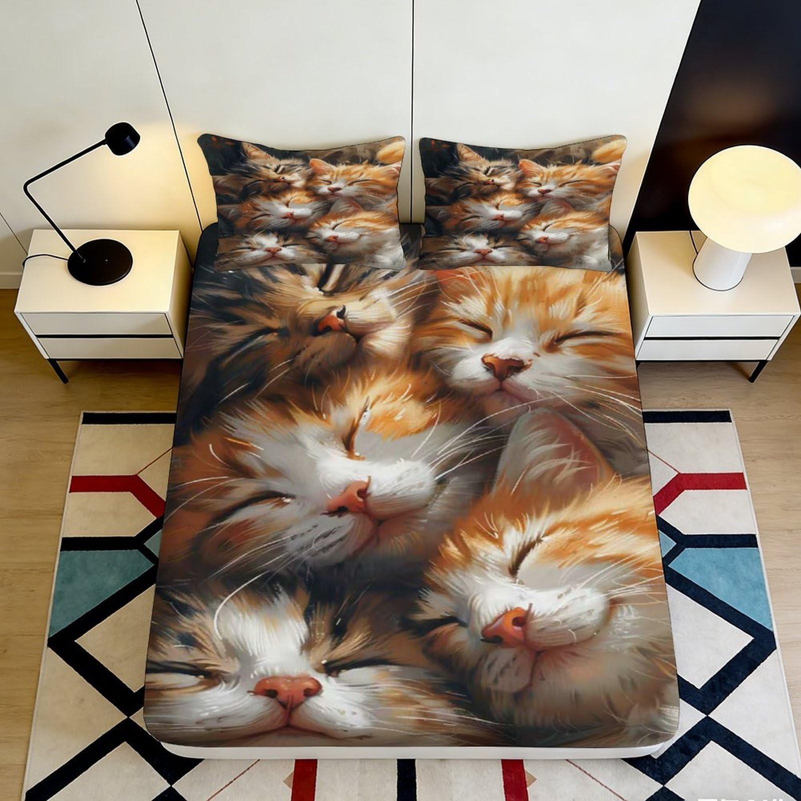 Pnayamiorkfel Style-9 3D Printed Orange Tabby Cat Fitted Sheet Microfiber Soft Decorative Kitten Face Mattress Cover For Bedroom Guestroom Dorm Use 90X200x25cm