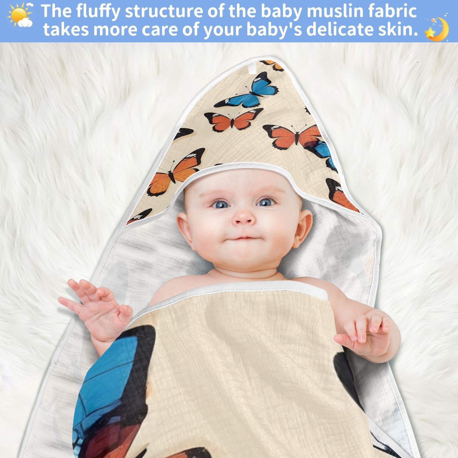 Hooded Baby Towels Ultra Soft Absorbent Baby Towel Butterflies Muslin Cotton Bath Towels for Newborn Infant Toddler 35x35 Inch