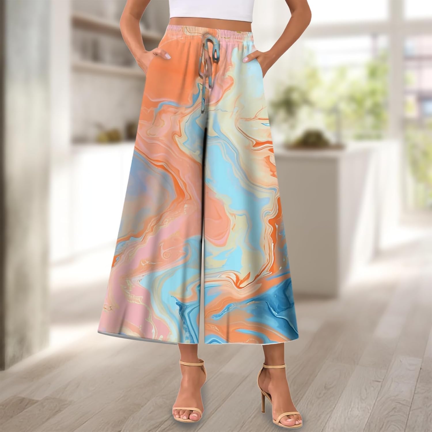 Plus Size Trousers for Women Elastic High Waisted with Pockets Flowy Lightweight Comfortable Work Trendy Pants - Image 2